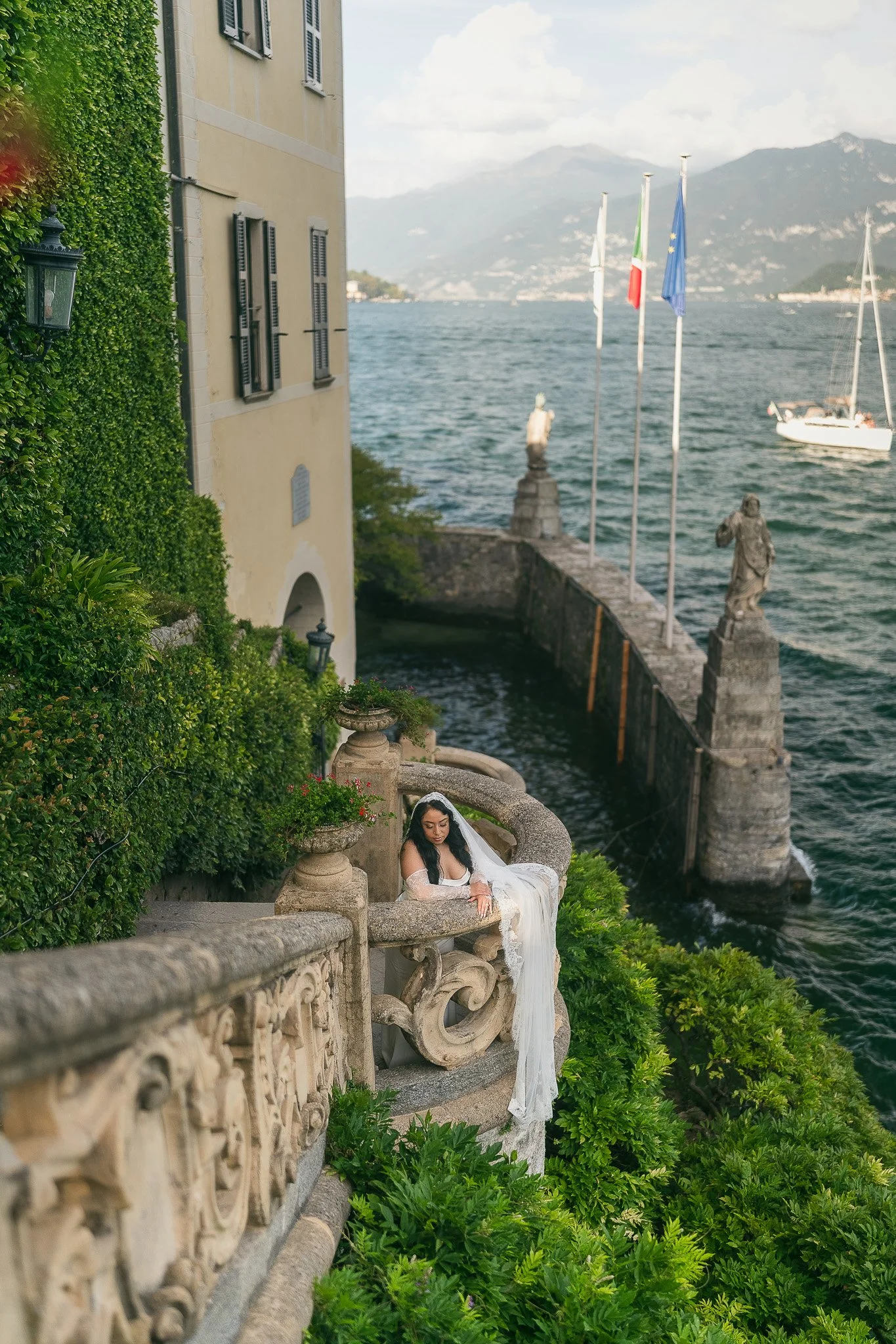 Portrait of a bride during her editorial elopement in Lake Como at Villa del Balbianello taken by a luxury destination wedding photographer in Italy