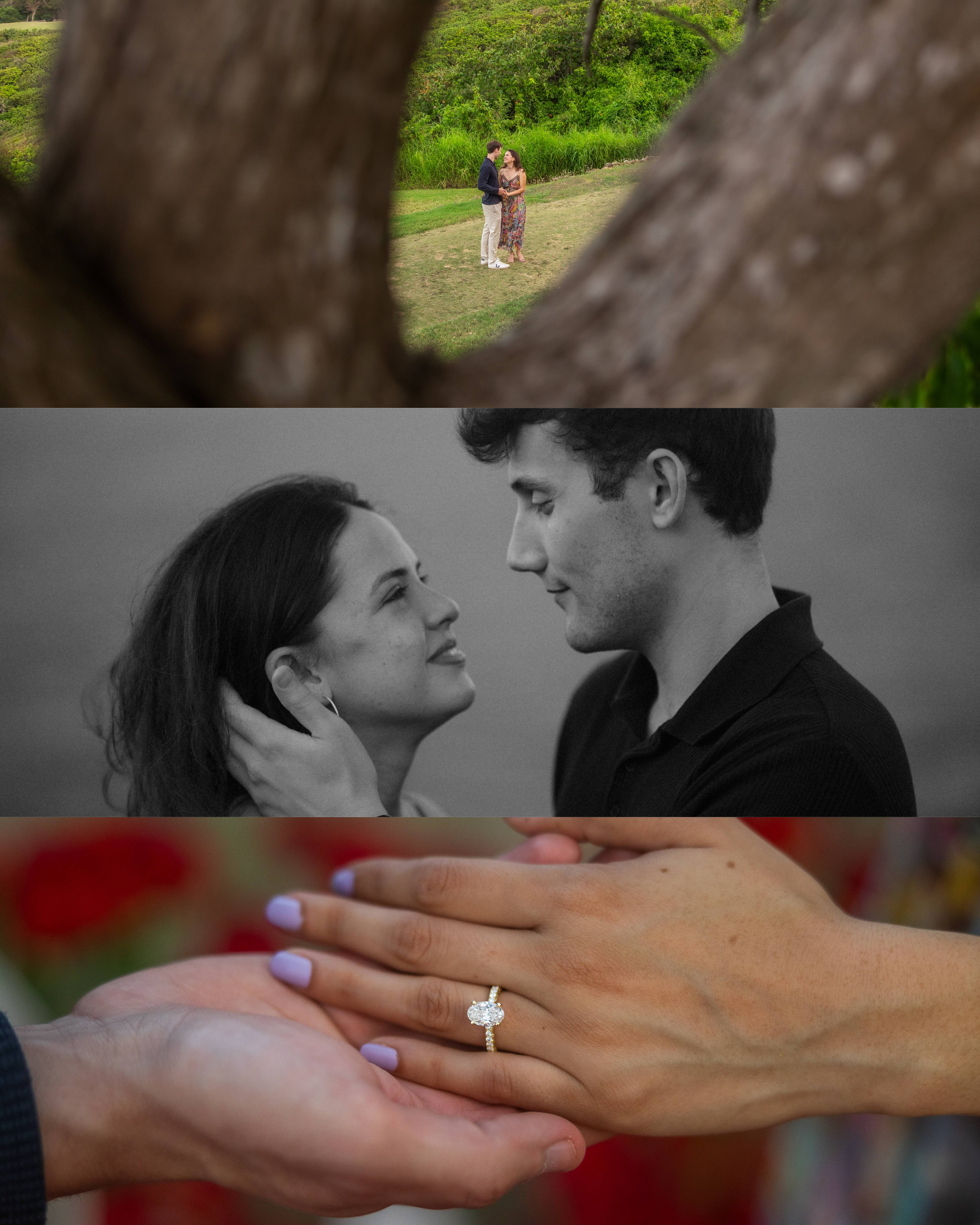 Engaged couple photographed through tree branches during a luxury engagement session at Royal Isabela.