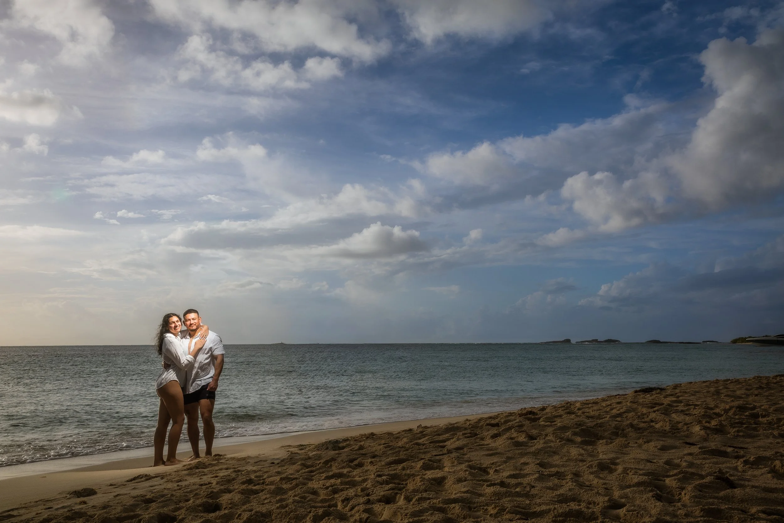 Romantic engagement portraits on Icacos Island beach Puerto Rico