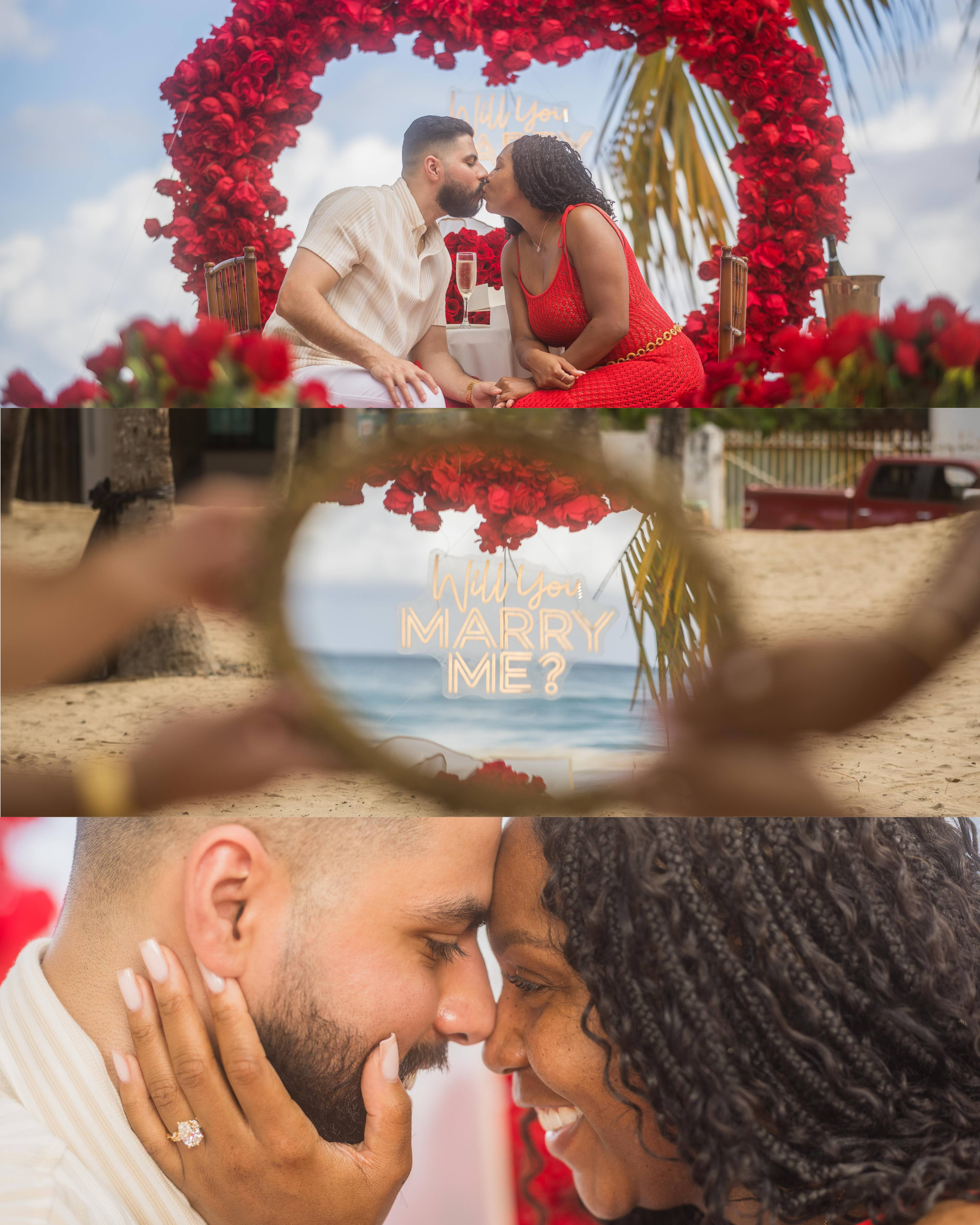 Couple embracing during a surprise marriage proposal in Puerto Rico