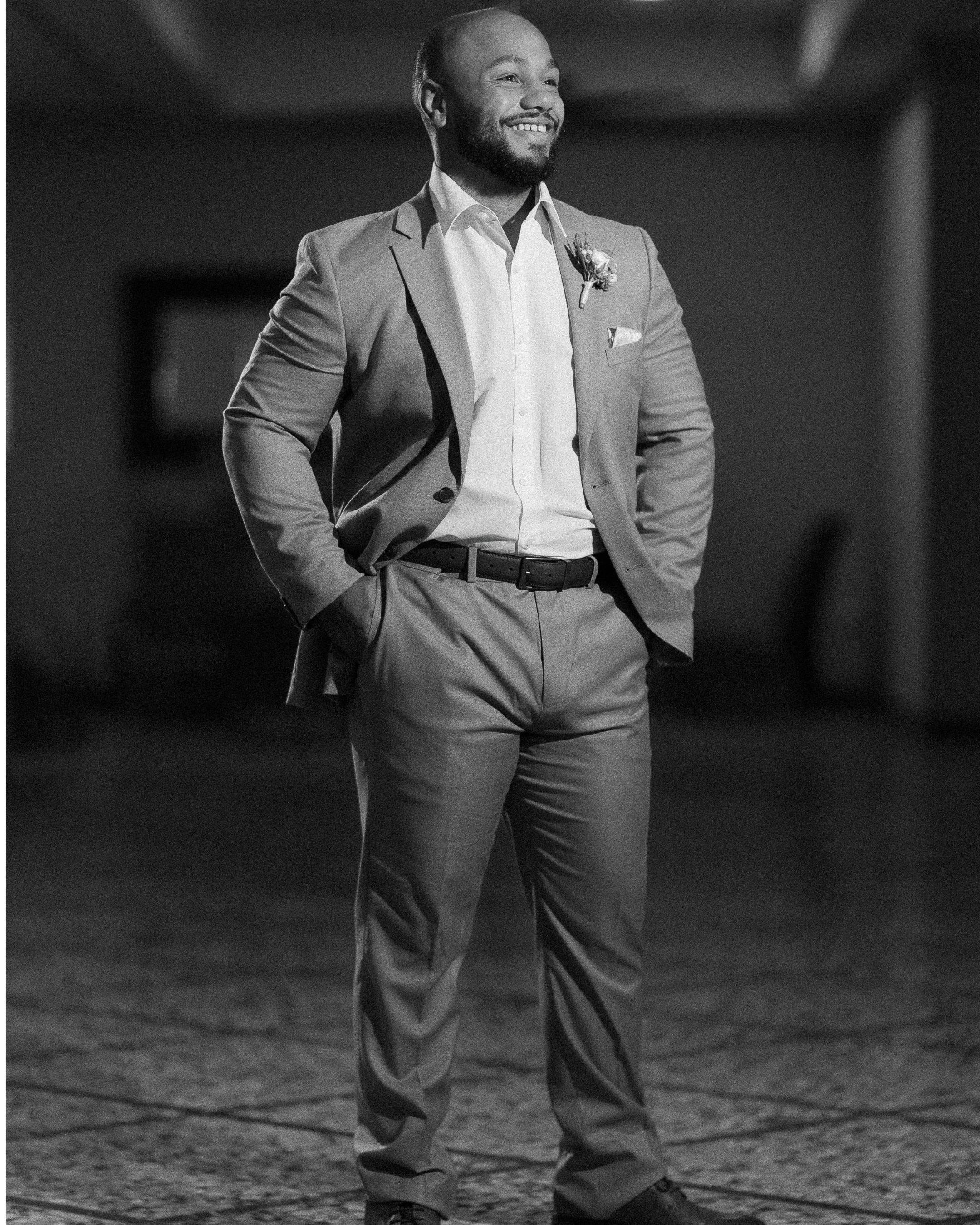 Editorial black and white portrait of a groom during his elopement wedding in Puerto Rico
