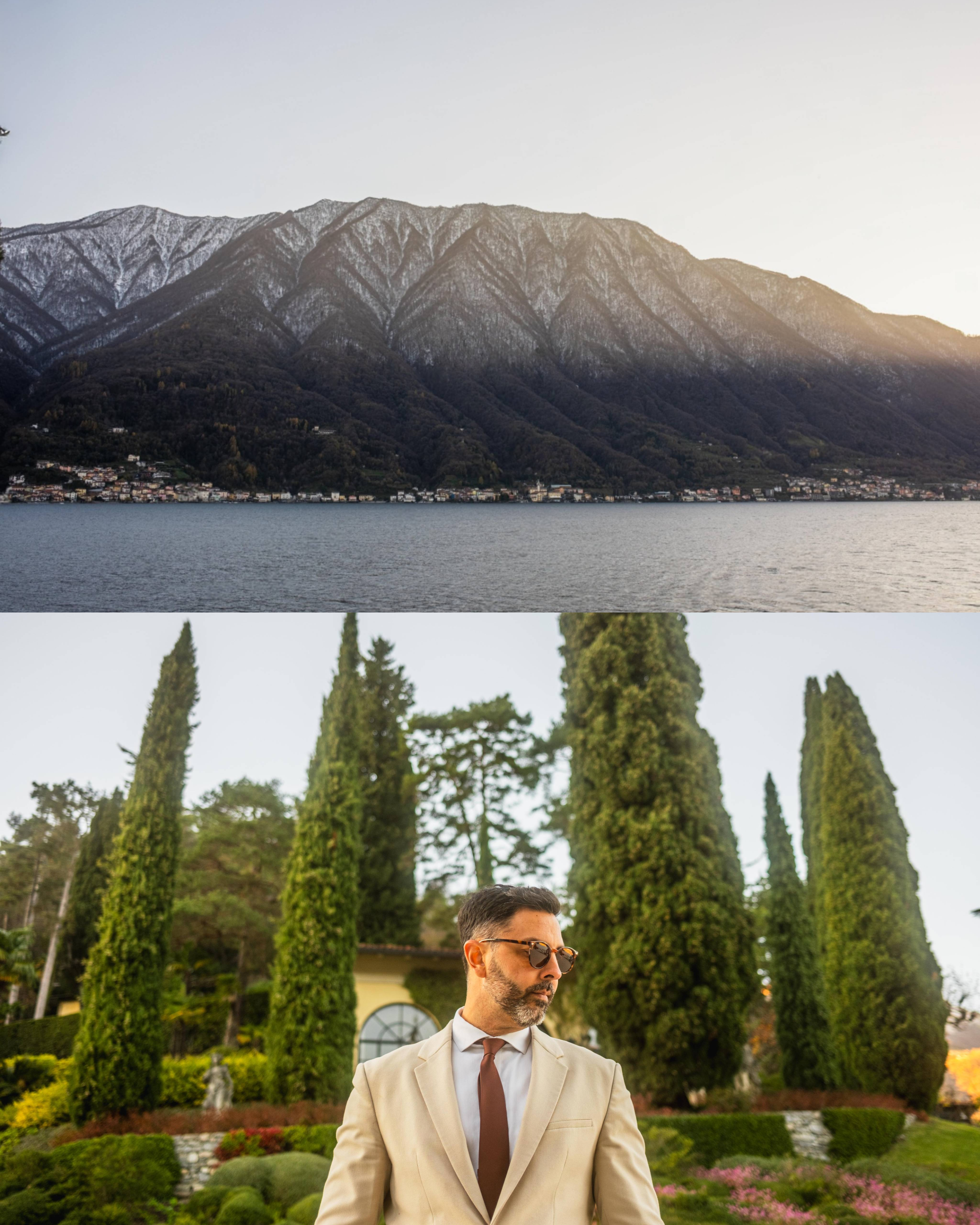 Historic Villa del Balbianello architecture with Lake Como mountains in the background.