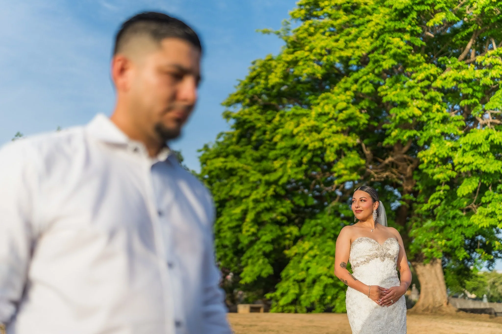 Creative portrait with the groom softly blurred in the foreground while the bride stands beneath a majestic tree during an Old San Juan elopement.