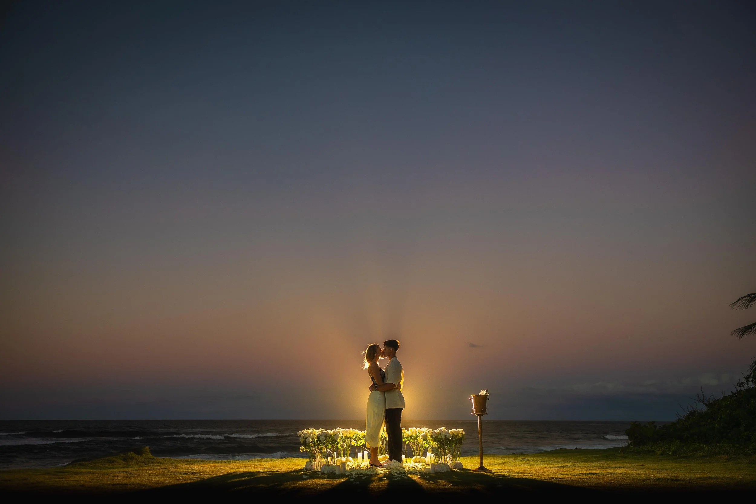 Engaged couple during their surprise marriage proposal in Old San Juan taken by a luxury wedding photographer in Puerto Rico