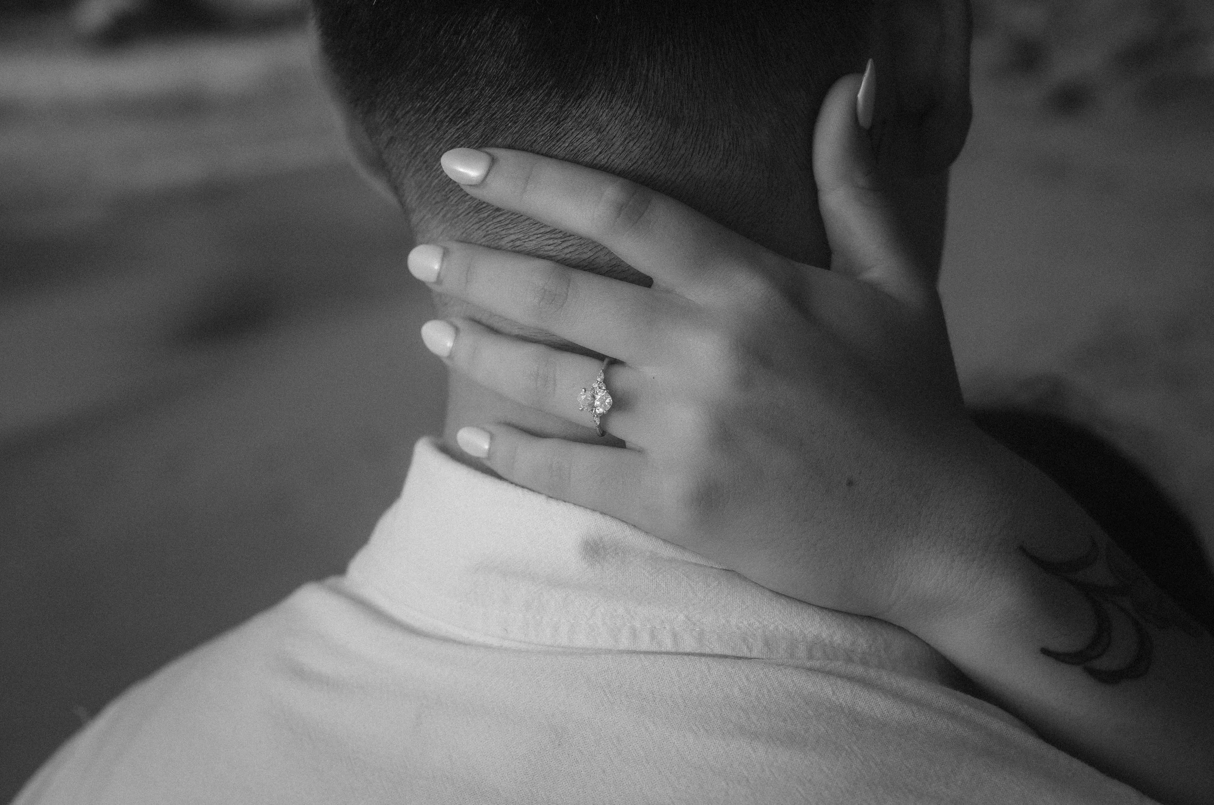 Editorial black and white portrait of an engagement ring taken by a destination wedding photographer in Puerto Rico at Punta Borinquen Beach