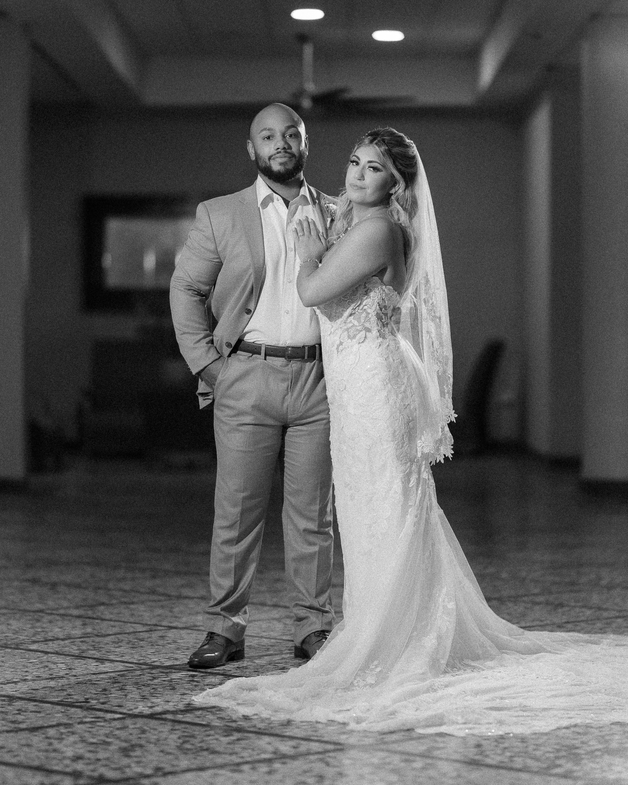 Editorial black and white portrait of a bride and groom taken by a Puerto Rico elopement wedding photographer
