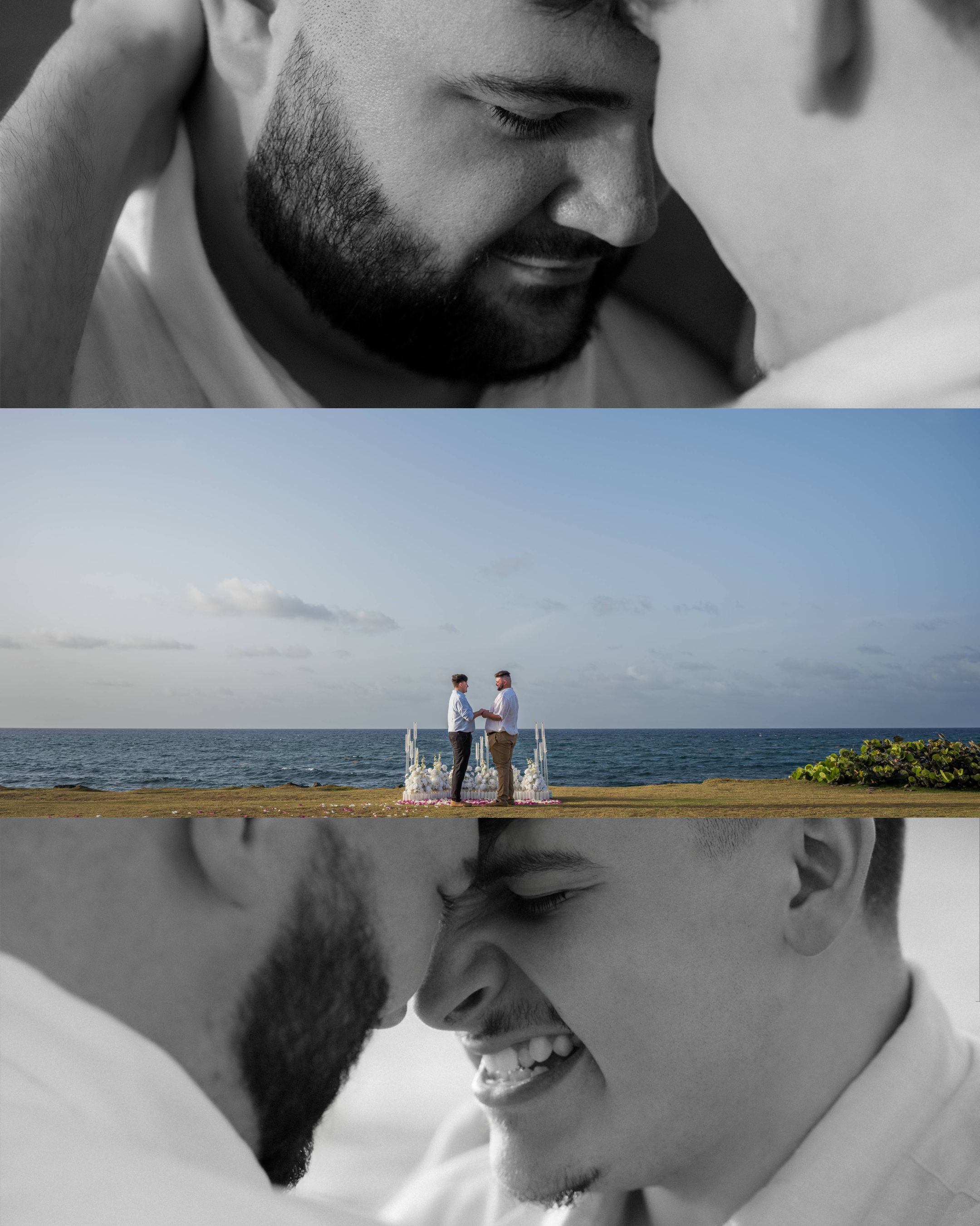 Romantic collage of two men sharing intimate moments, smiling forehead to forehead, and embracing after a surprise gay marriage proposal overlooking the Caribbean Sea at Escambrón Beach, Puerto Rico.
