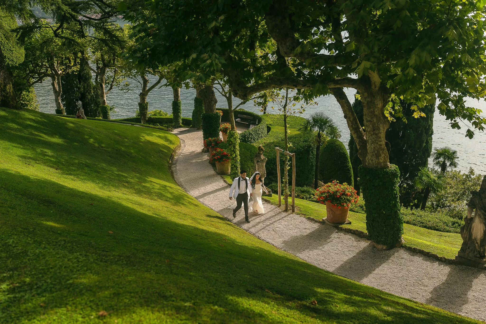 Bride and groom at Villa del Balbianello in Lake Como, Italy during an elopement wedding taken by a destination photographer