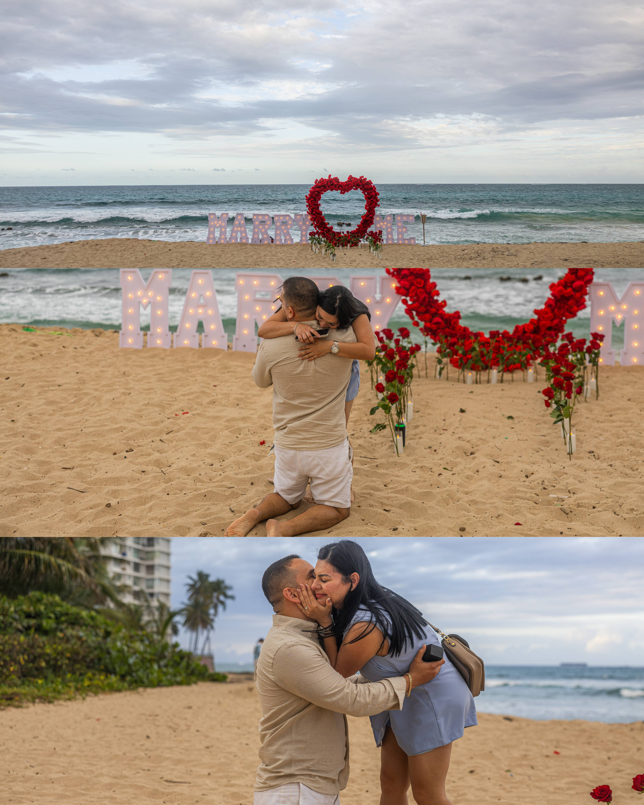 Bride-to-be smiling emotionally after surprise marriage proposal in Puerto Rico.