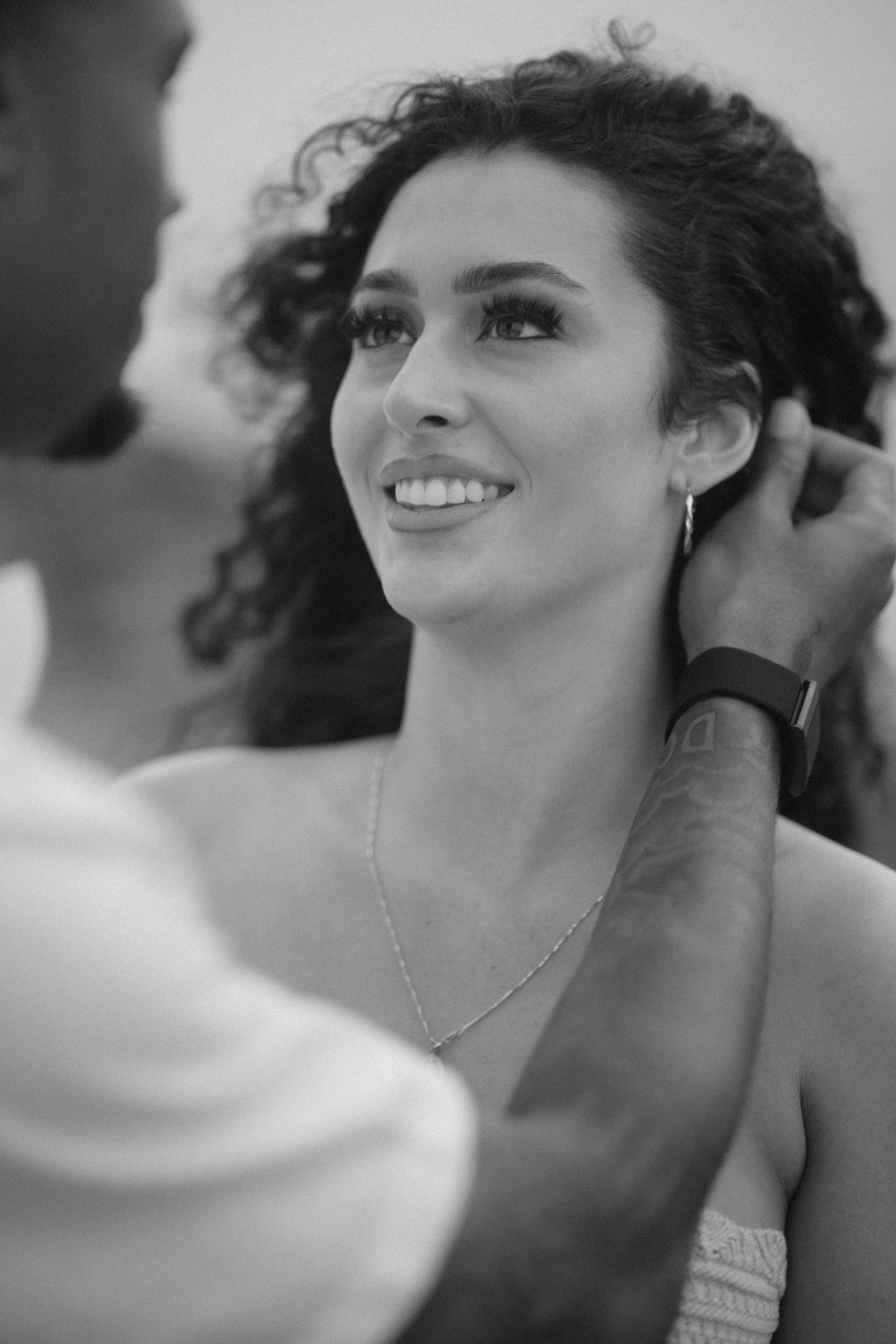 Editorial black and white portrait of a female model during an engagement session after a marriage proposal in Puerto Rico