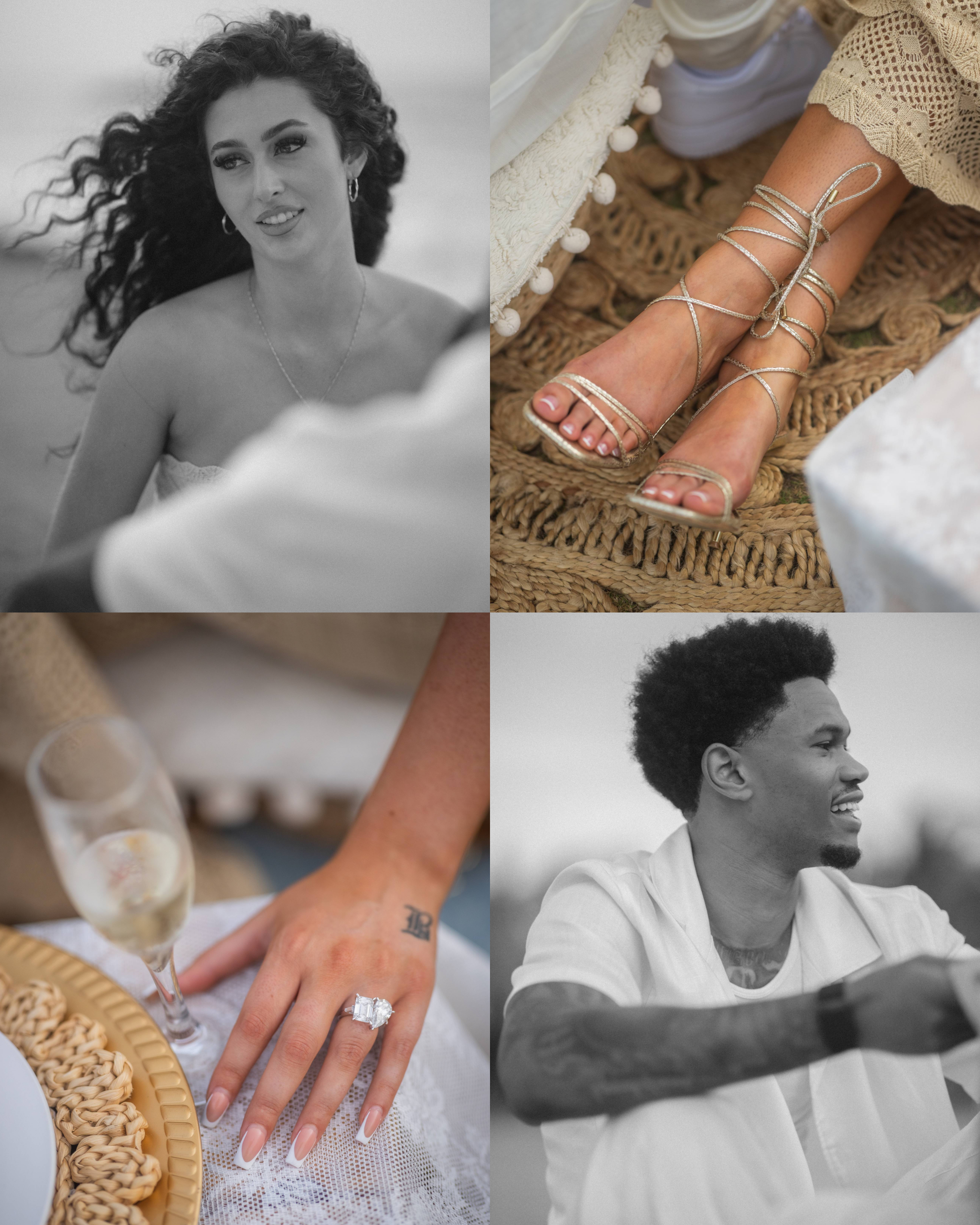 Editorial portrait collage featuring the newly engaged couple and custom engagement ring captured during a luxury proposal photography session.