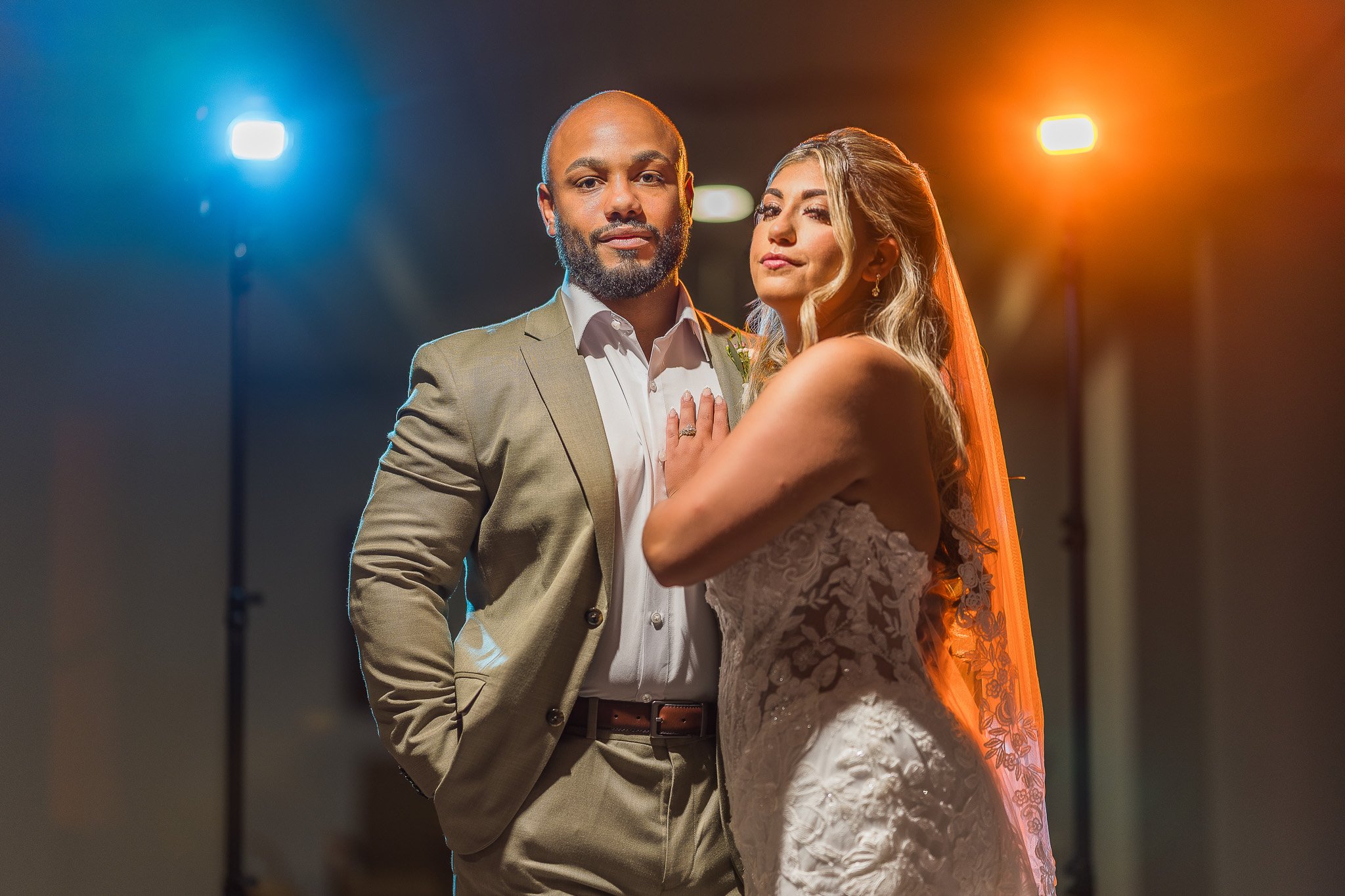 Creative flash portrait of a bride and groom during their elopement wedding taken by a photographer in Puerto Rico