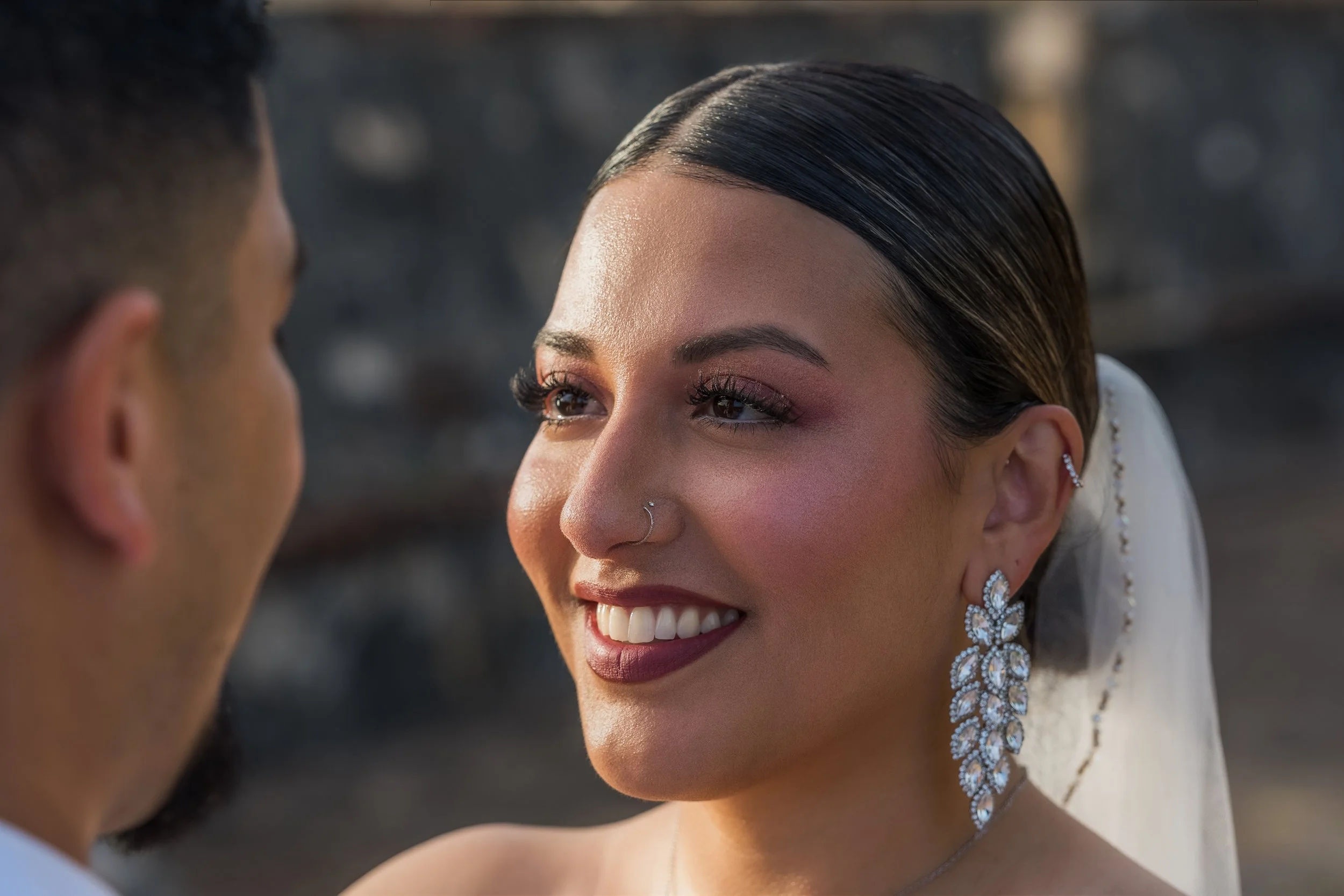 Bride gazing into groom's eyes during their elopement wedding in Old San Juan, Puerto Rico