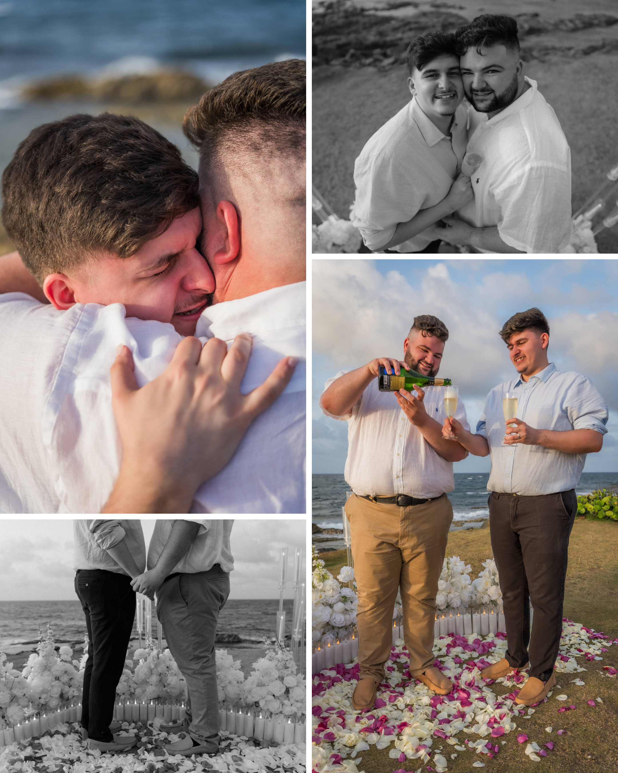 Collection of candid engagement photographs showing two men embracing, celebrating with champagne, exchanging affectionate glances, and enjoying their LGBT marriage proposal at Escambrón Beach in Puerto Rico.