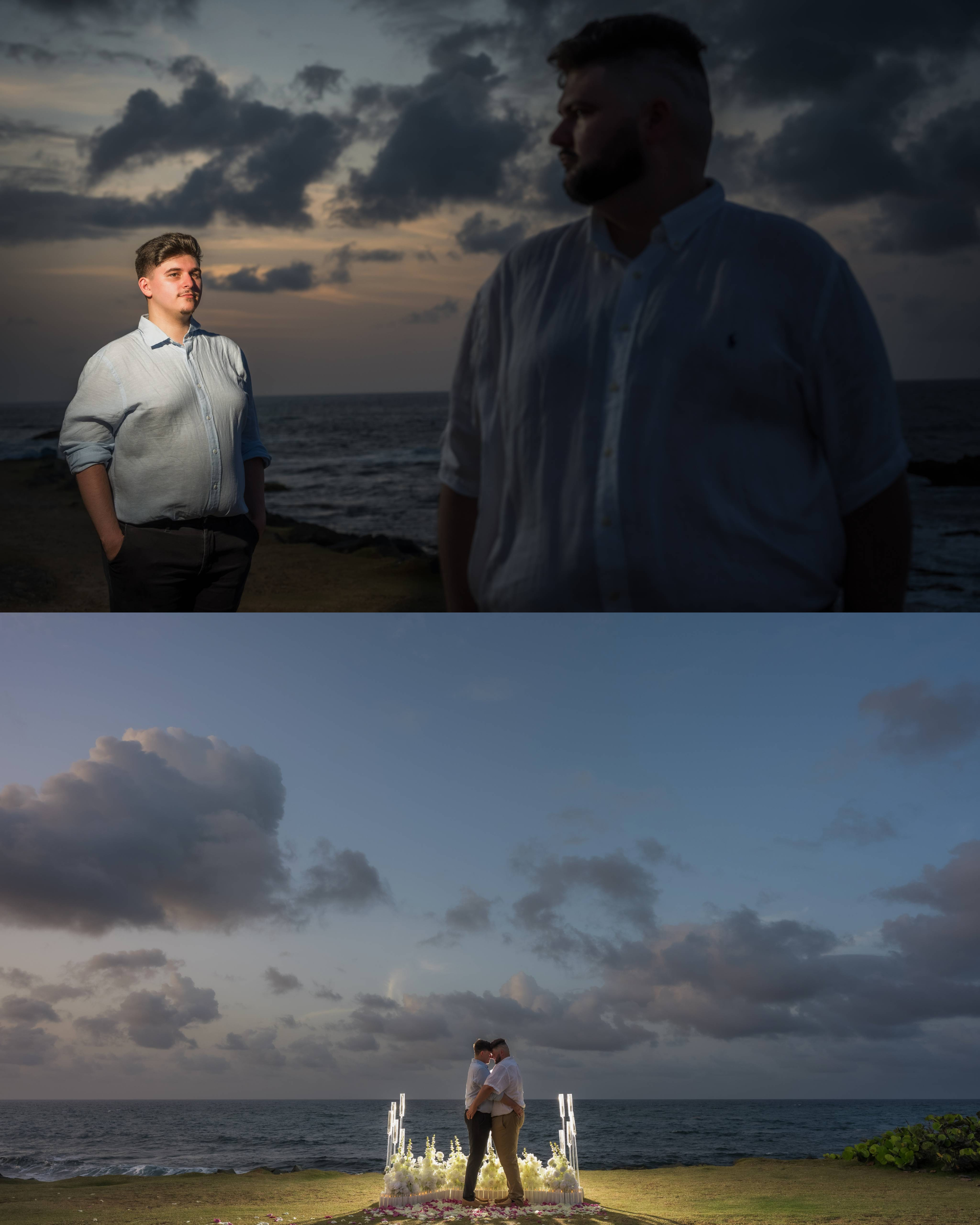 Artistic portraits of an engaged gay couple during blue hour, including dramatic lighting, intimate embraces, and a wide oceanfront scene from their surprise LGBT marriage proposal at Escambrón Beach in Puerto Rico.