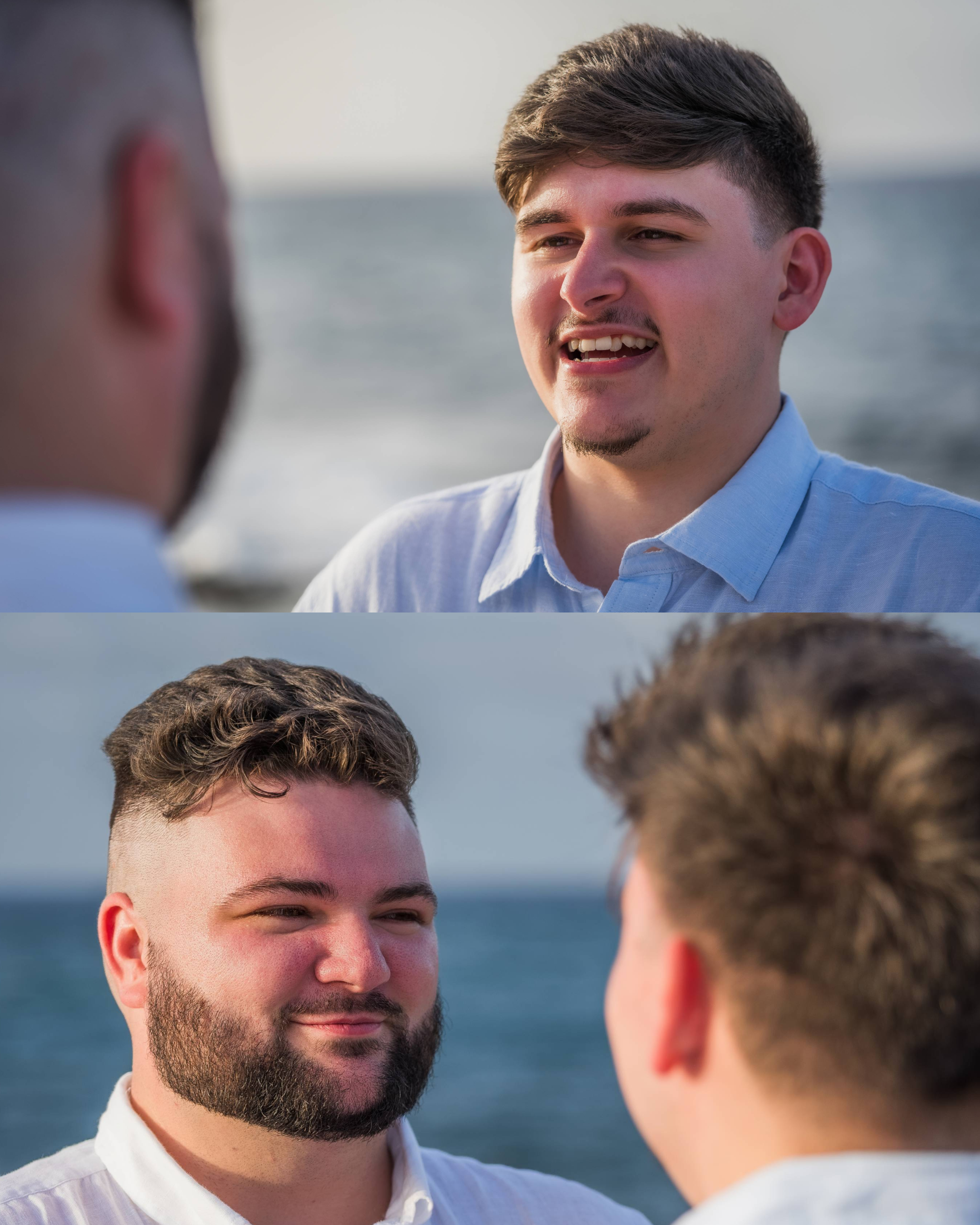 Two emotional portraits capture the joyful expressions of an engaged gay couple moments after a surprise marriage proposal at Escambrón Beach in Puerto Rico.
