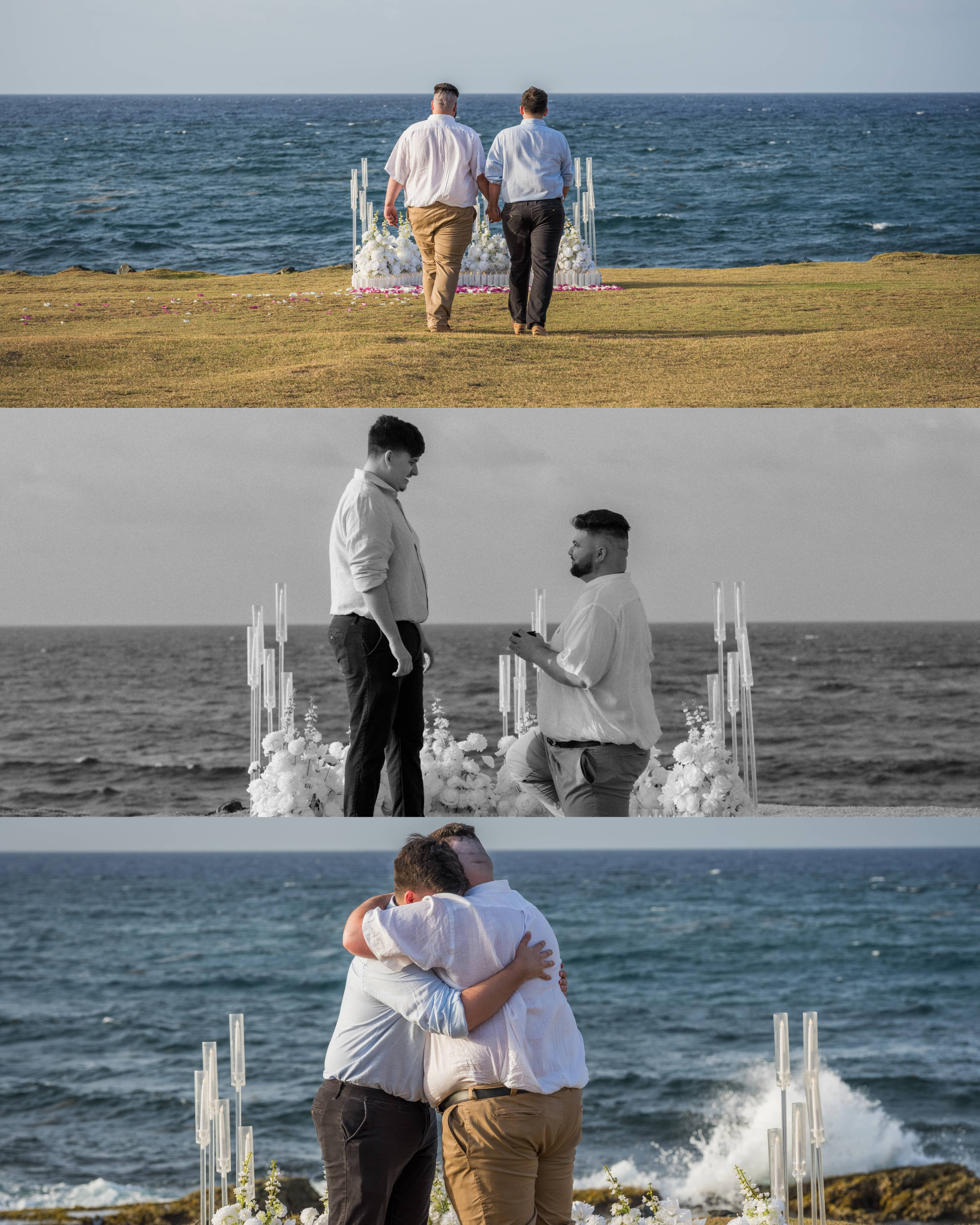 Two men walk hand in hand toward a beautifully decorated oceanfront proposal setup before one kneels to propose, followed by an emotional embrace during a surprise LGBT marriage proposal at Escambrón Beach in Puerto Rico.