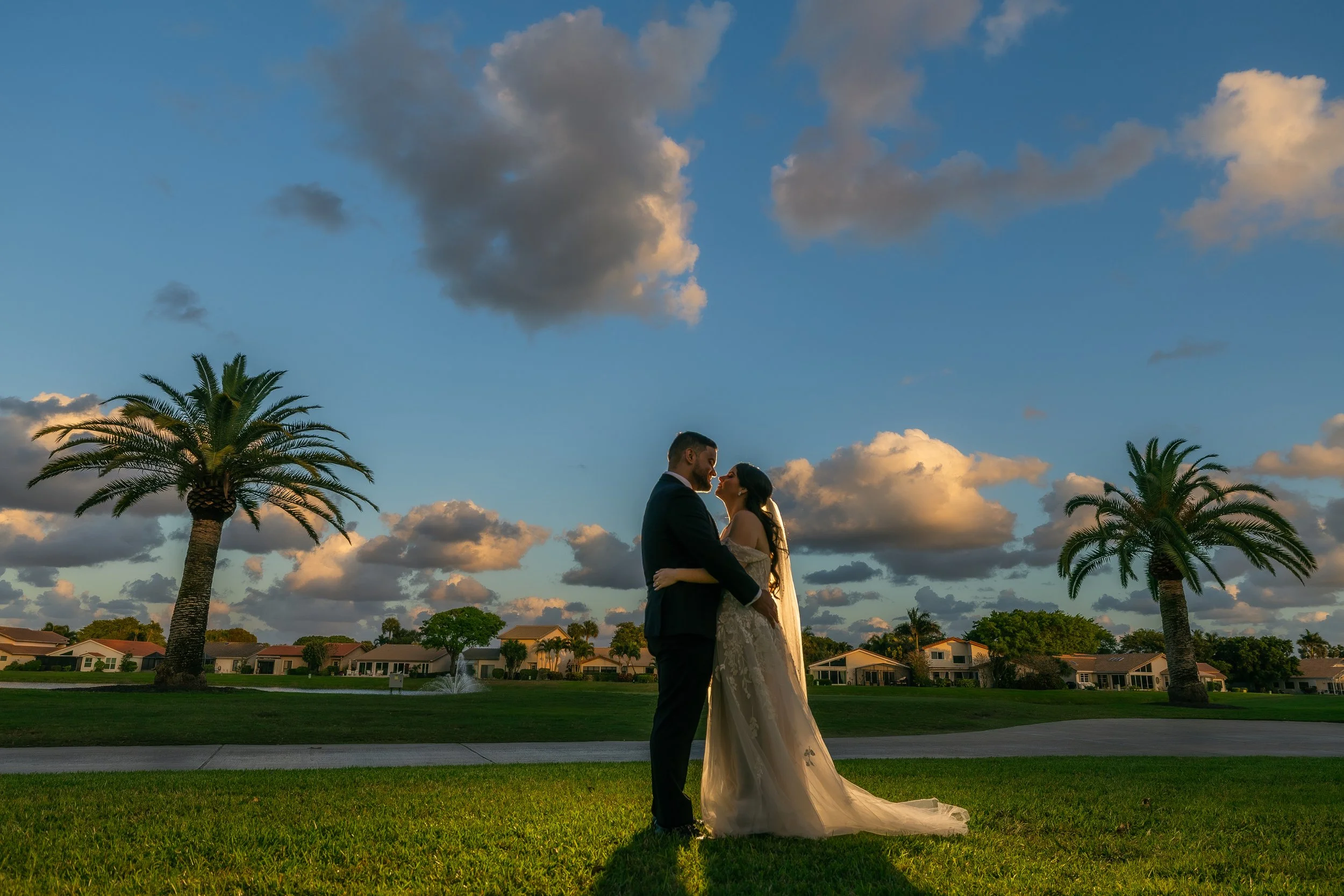 Sunset wedding portrait at Indian Spring Country Club in South Florida shot by a luxury photographer