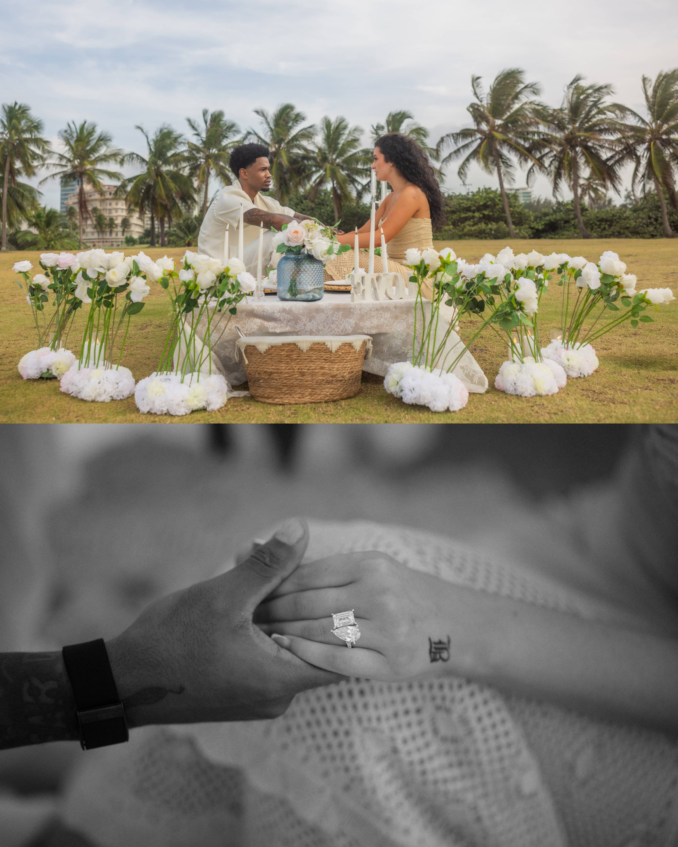 Luxury white rose picnic overlooking the Caribbean Sea following a surprise marriage proposal at Escambrón Beach.