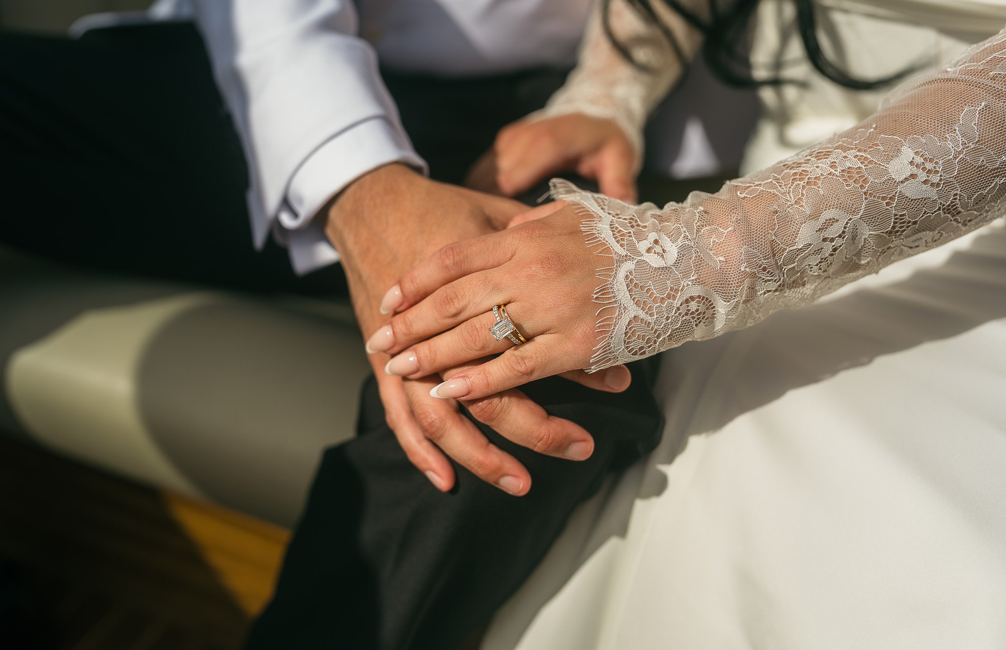Close up of a luxury diamond ring on a boat in Lake Como during an editorial elopement at Villa del Balbianello in Italy