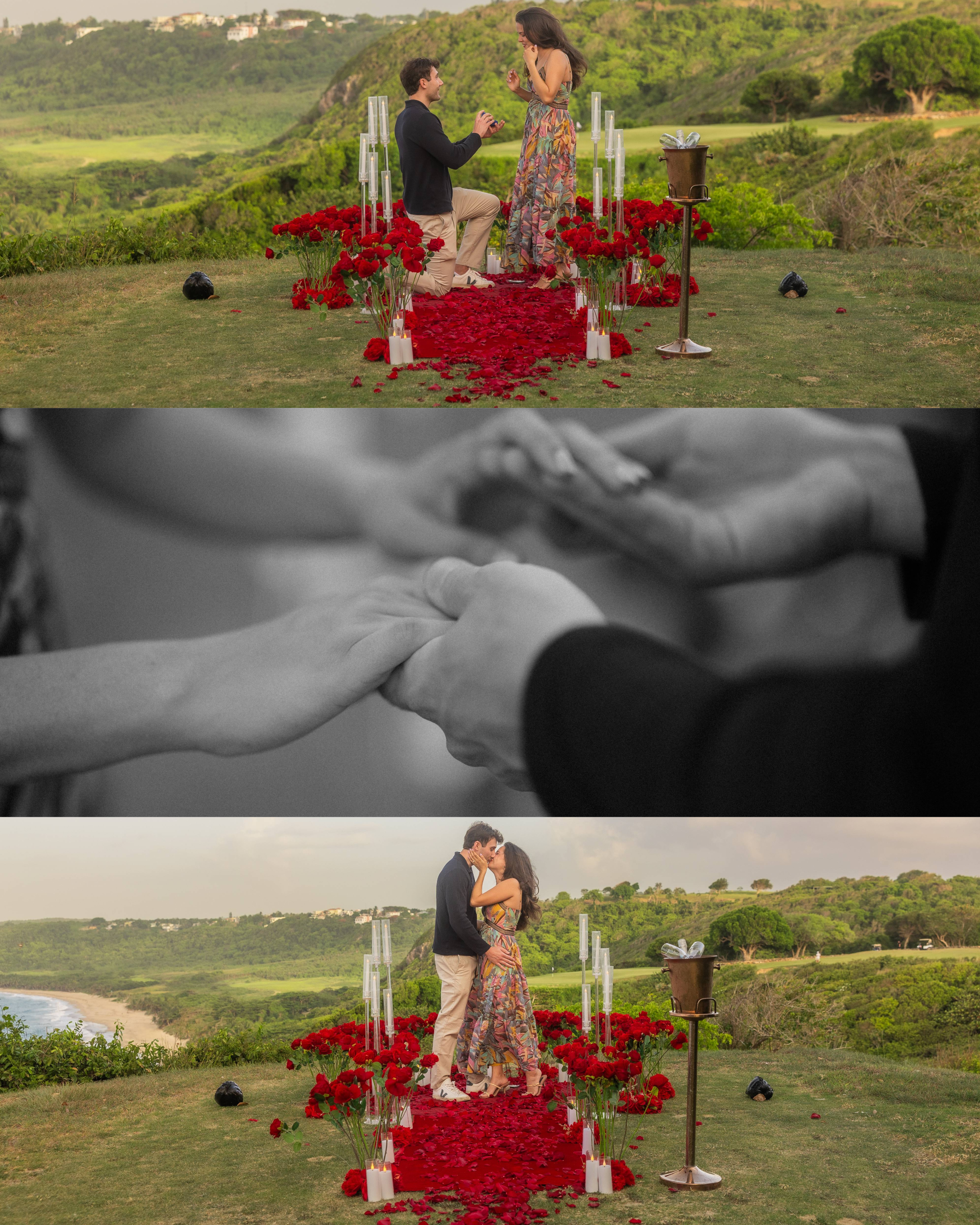 Man proposing to his longtime girlfriend during a luxury marriage proposal at Royal Isabela in Puerto Rico.