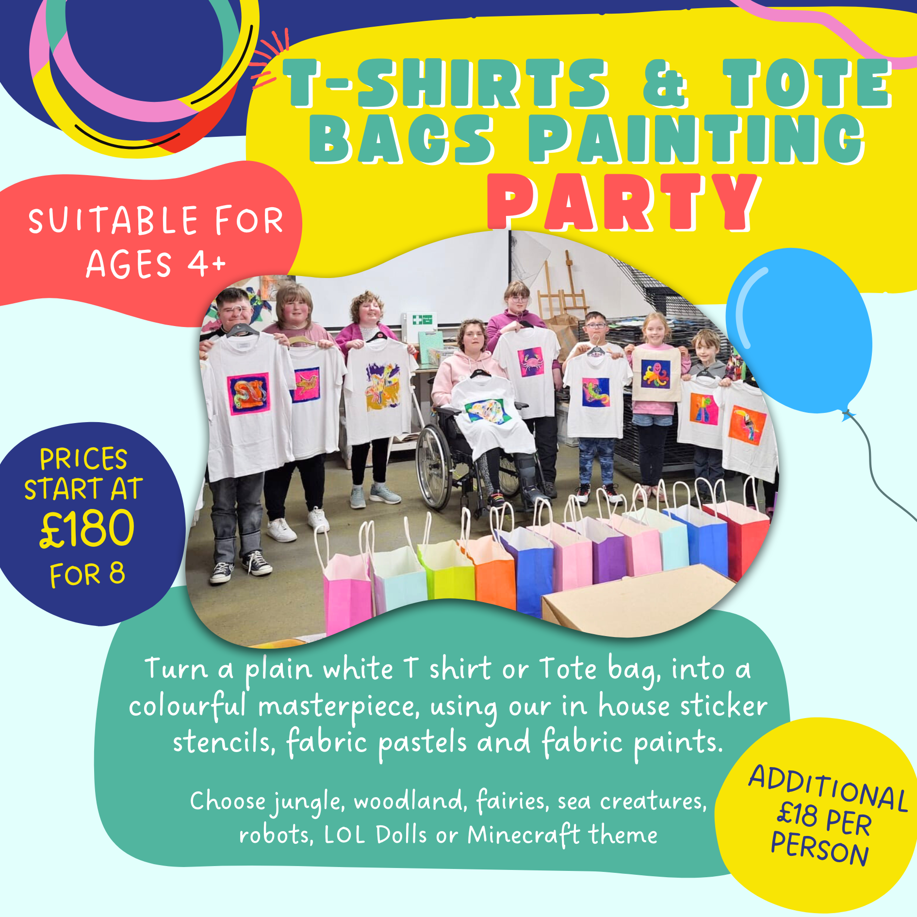 T-shirt and tote bags party. Prices start at £180 for 8. Additional £18 per person for extra people. Turn plain t-shirt and tote bags into a colourful masterpiece using our sticker stencils, fabric pastels and fabric paints. Choose a theme.