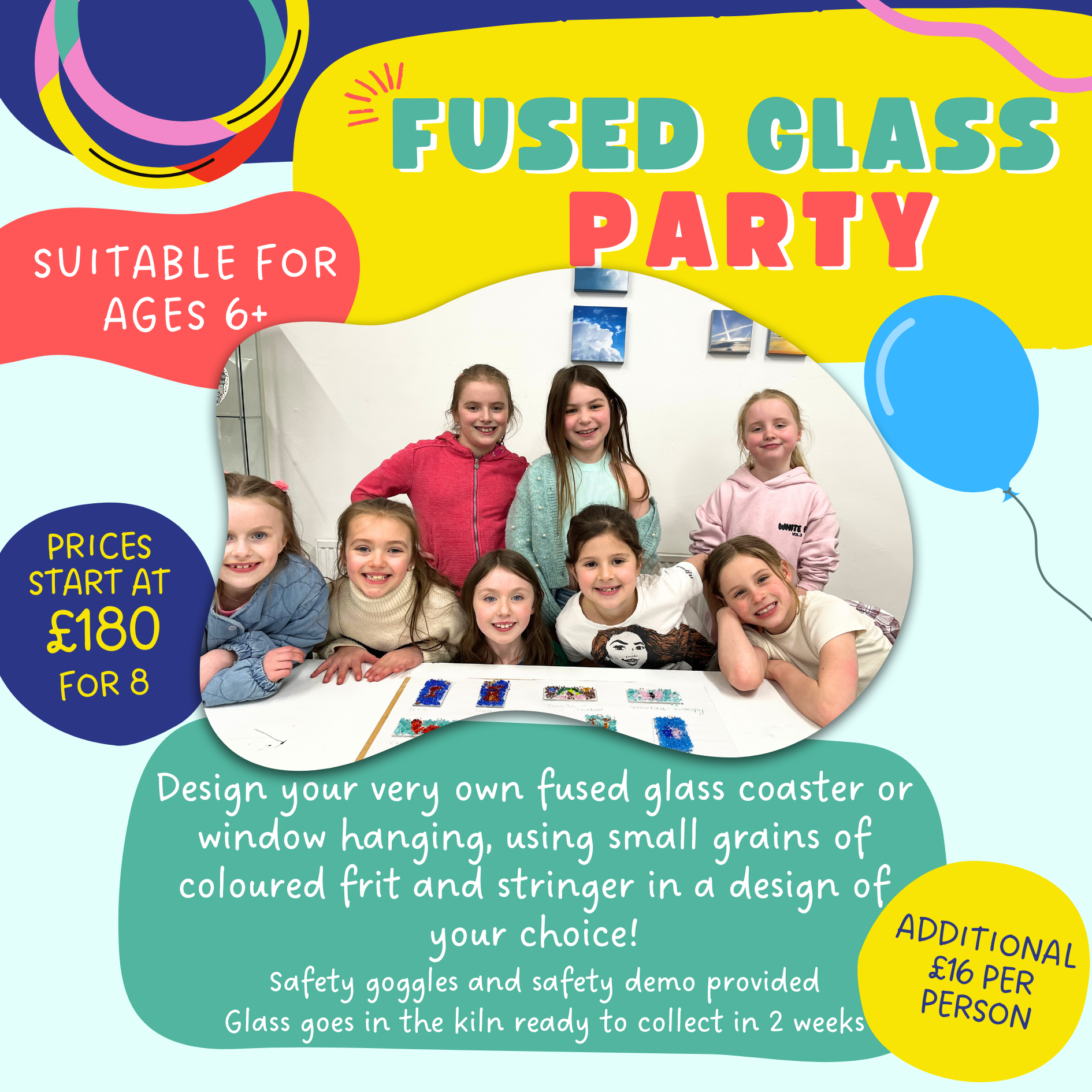 Fused Glass party. Prices start at £180 for 8, with an additional £16 per person for extra attendees. Design a fused glass coaster or window hanging with coloured frit and stringer. Safety goggles and safety demo included.