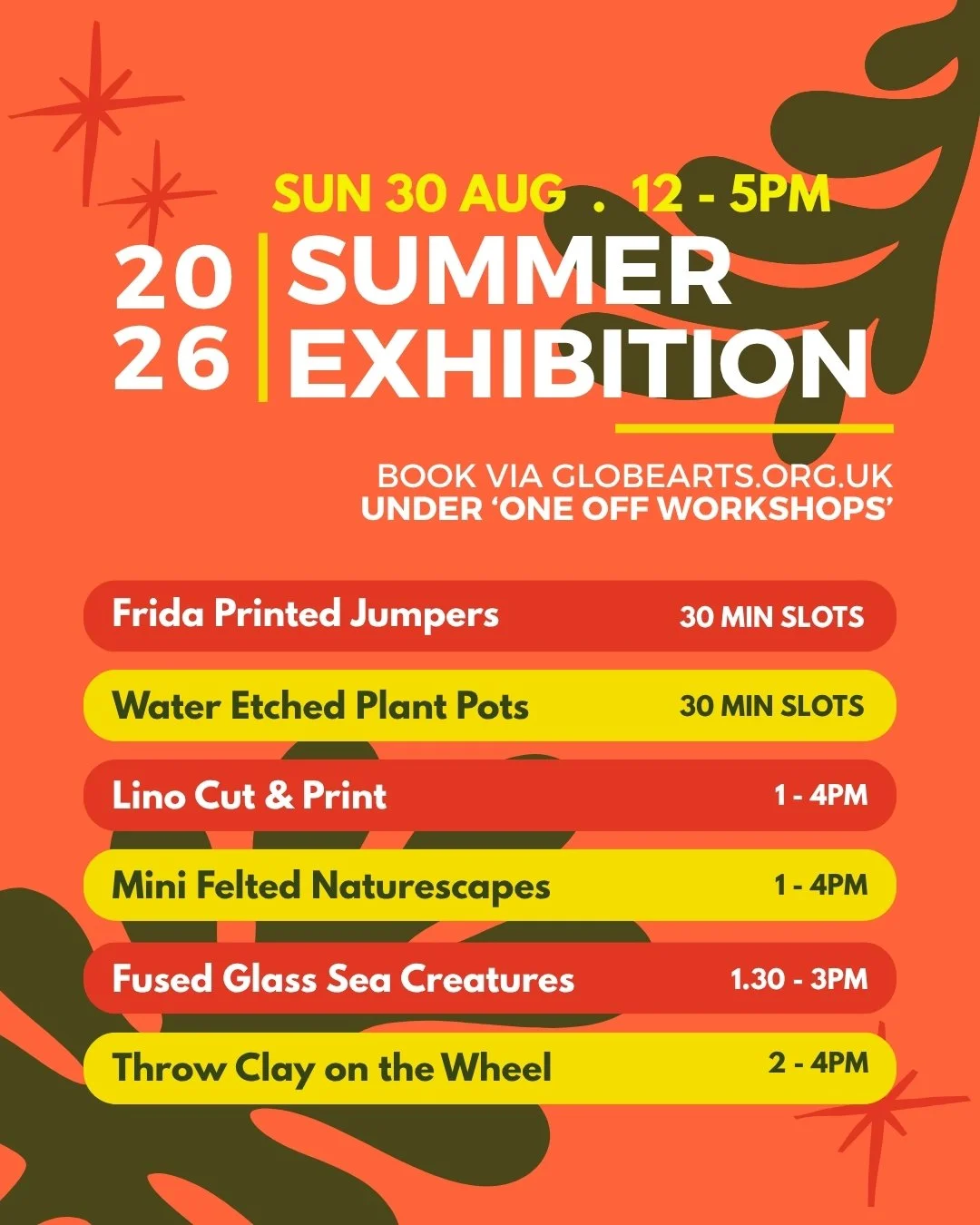 poster listing our workshops, please visit the one off workshop tab to book a place
