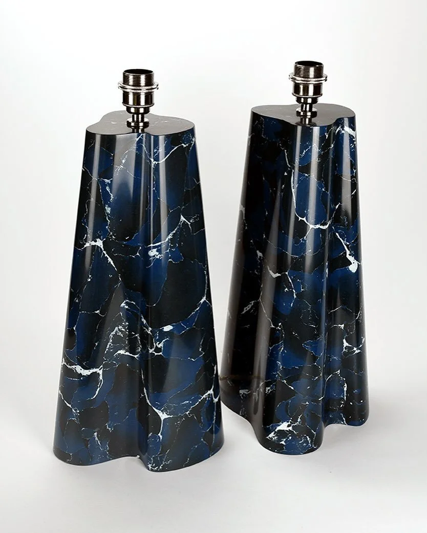 Two bespoke table lamps in midnight blue and white veining. Made exclusively for @bosstudio.
.
.
.
.
.
#bespokelighting #lamps #custommade #lightingdesign #artisancraftsmanship #blue #marblemaker #christopherwalldesign #interiorlighting