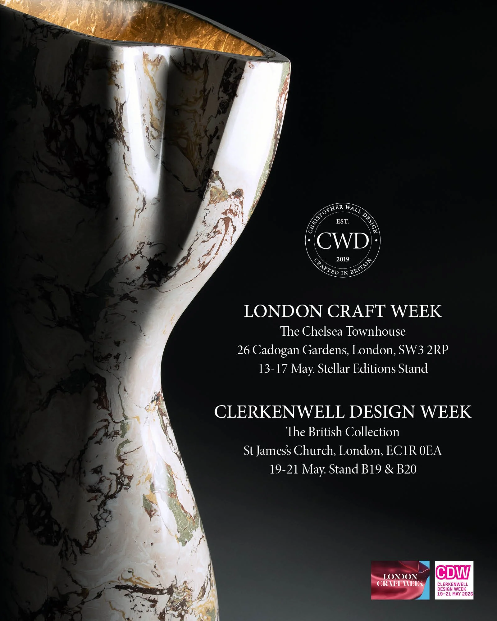 Excited to announce I&rsquo;ll be showcasing at two fantastic events in London this May! 

London Craft Week &ndash; From Material to Masterpiece.

🗓 13 &ndash; 17 May | 10:30 &ndash; 18:00

📍 The Chelsea Townhouse, 26 Cadogan Gardens, London SW3 2