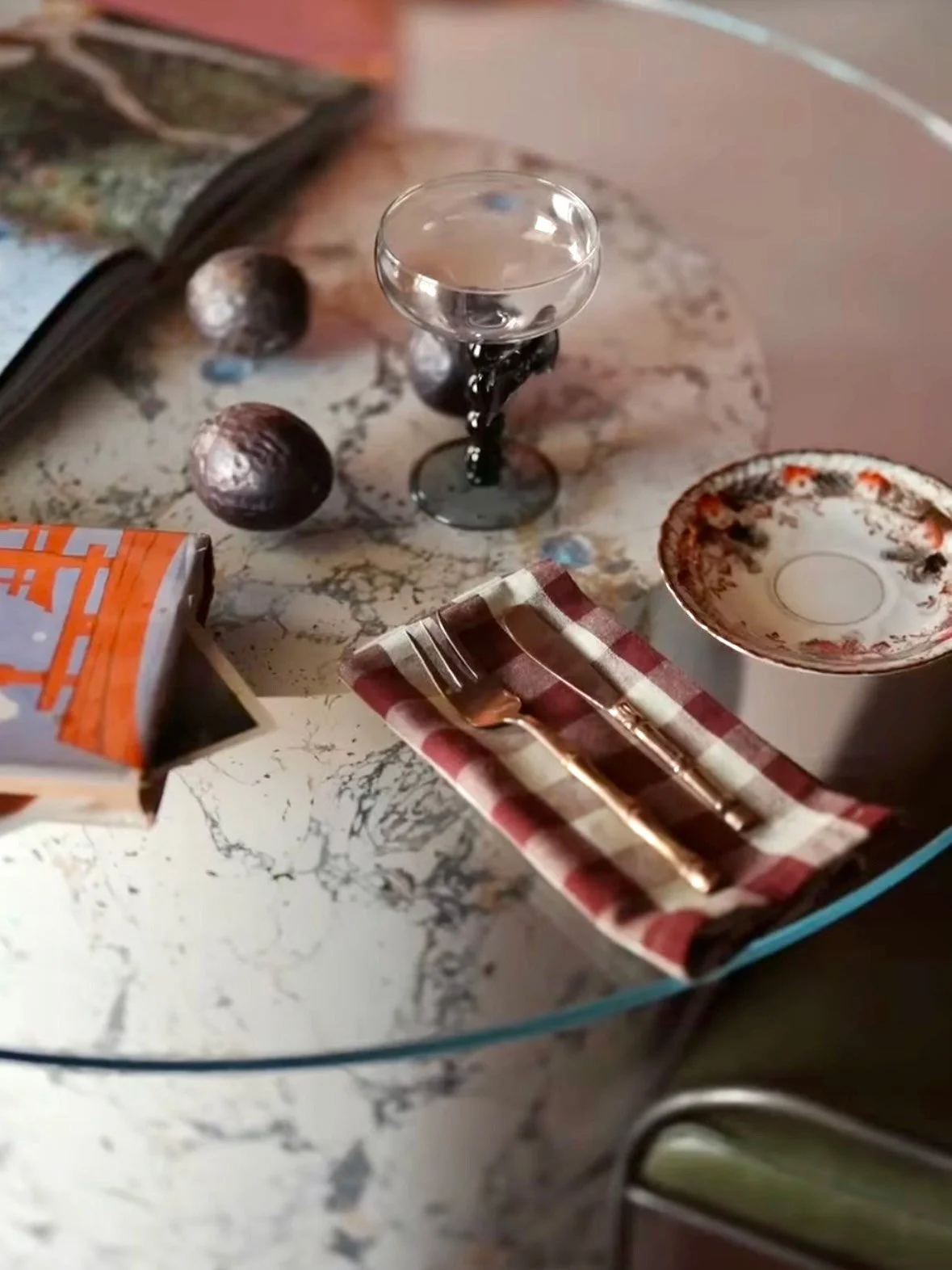 Close up shot of scagliola table inside luxury interior apartment