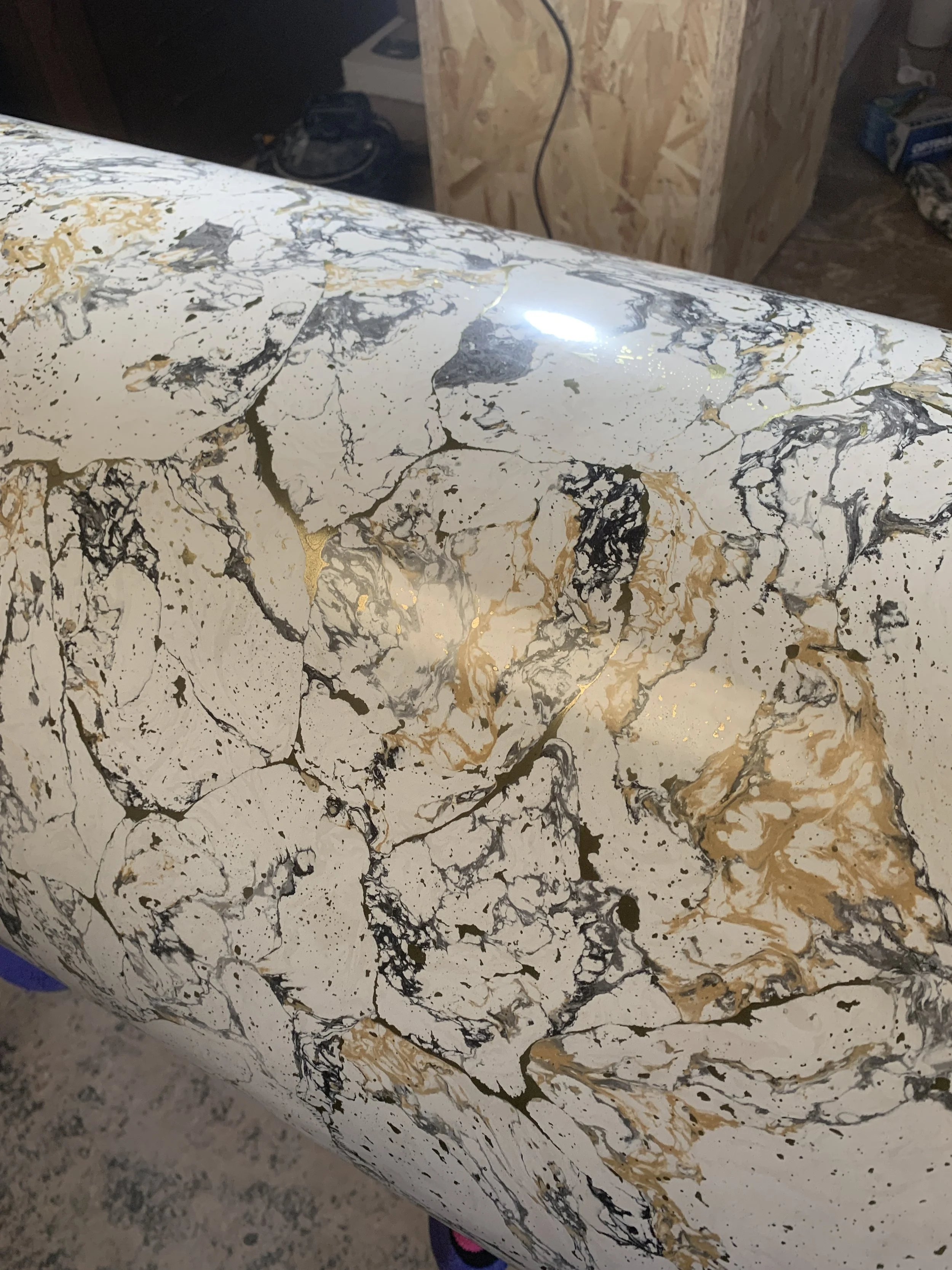 High polished finish on luxury, bespoke scagliola dining table