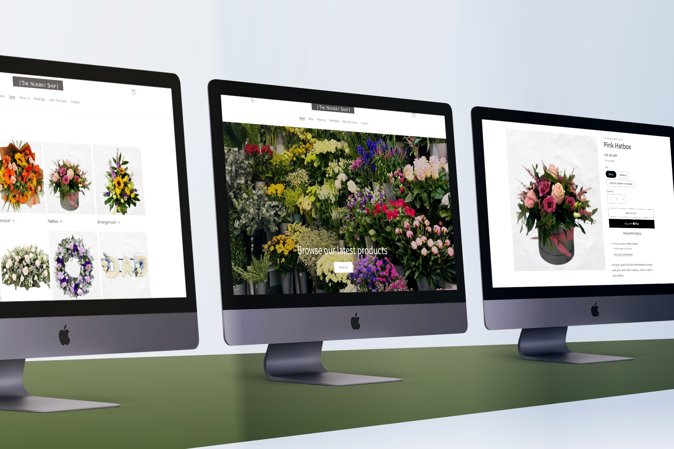 Three Apple iMac computers displaying different pages of a flower shop website, designed by Tailored Creative.