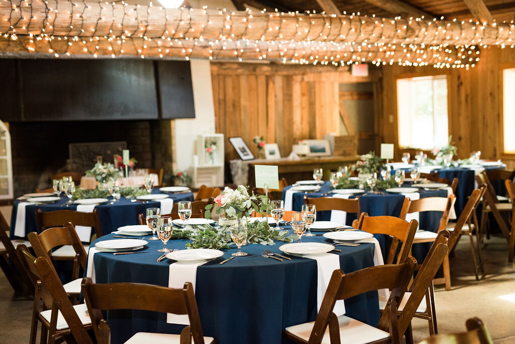 Montfair wedding reception with navy tablecloths