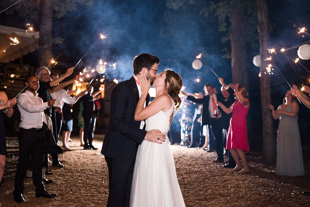 sparkler send-off with bride and groom kissing