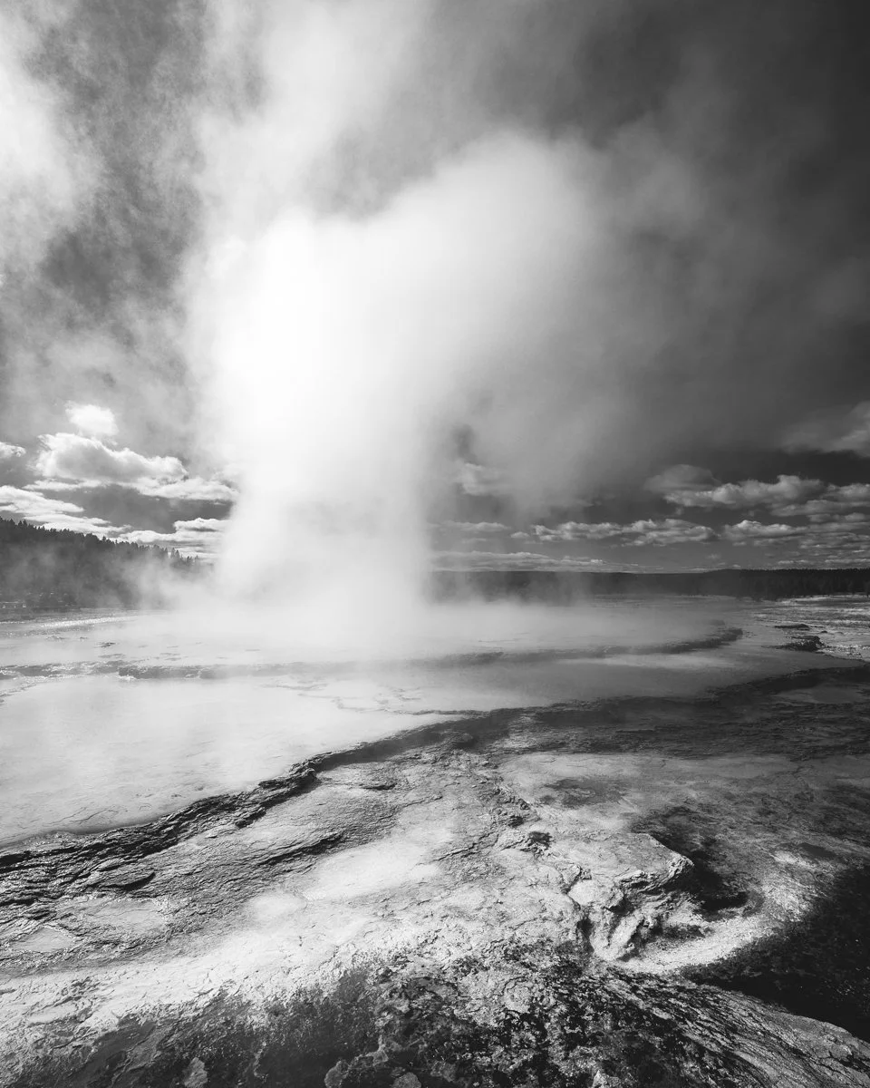 Black and white photo of a geyser erupting with hot water and steam in a geothermal area, with cloudy sky and forested landscape in the background.