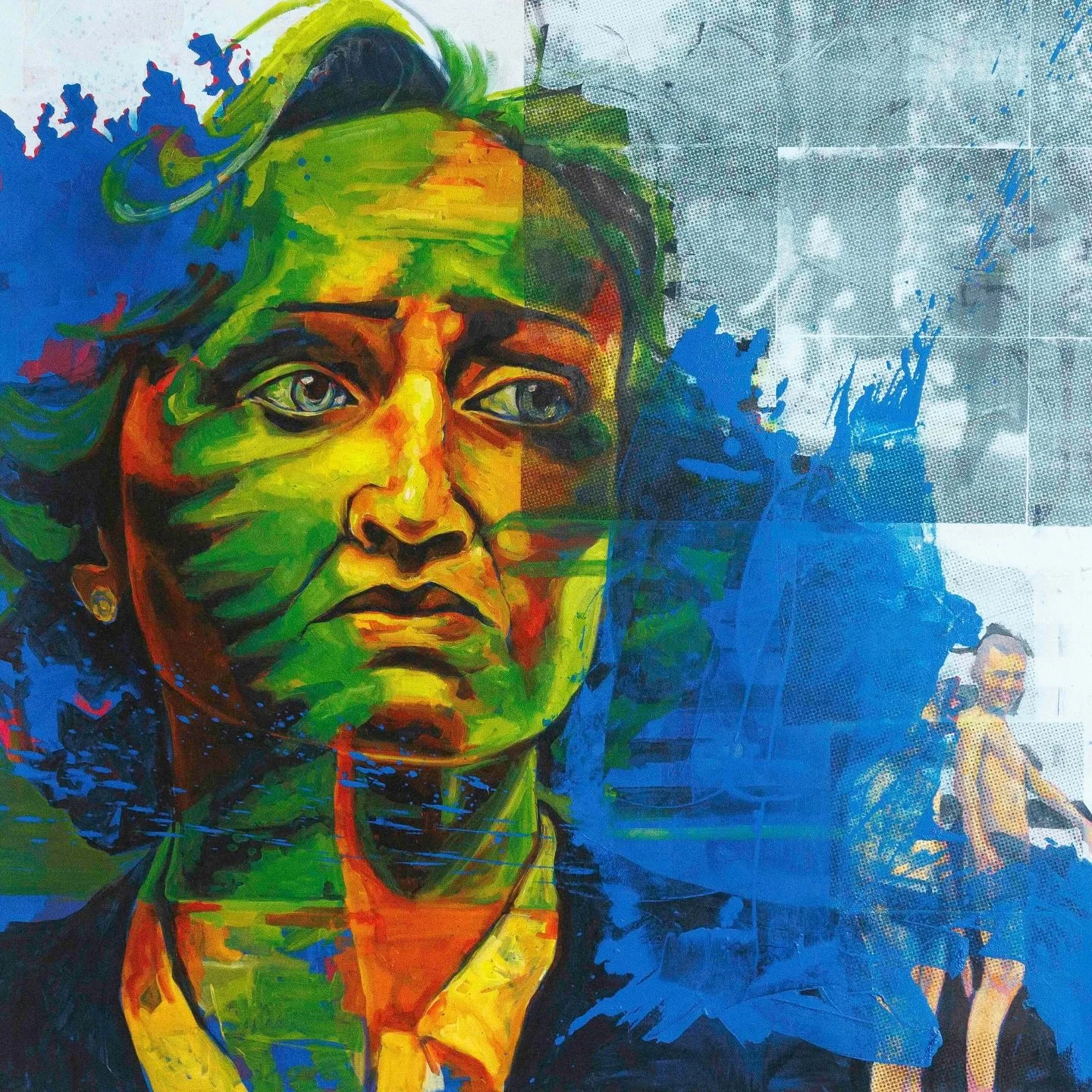 1.8.91 (Life Choices) &mdash; Oil on canvas, photographic decal, 2025

Part of my practice involves pausing images at the least likely moment. By interrupting a scene mid-transition, the image becomes unstable and briefly holds fragments of more than