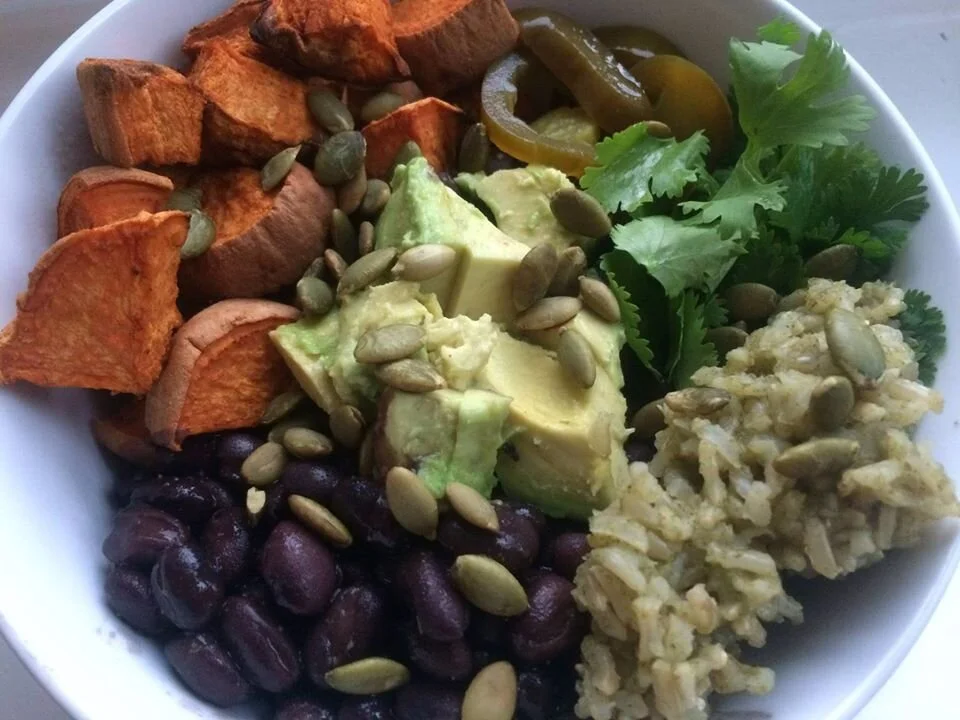 SPICY SWEET POTATO AND GREEN RICE BURRITO BOWL