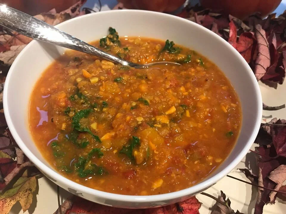 COZY BUTTERNUT, SWEET POTATO AND RED LENTIL STEW