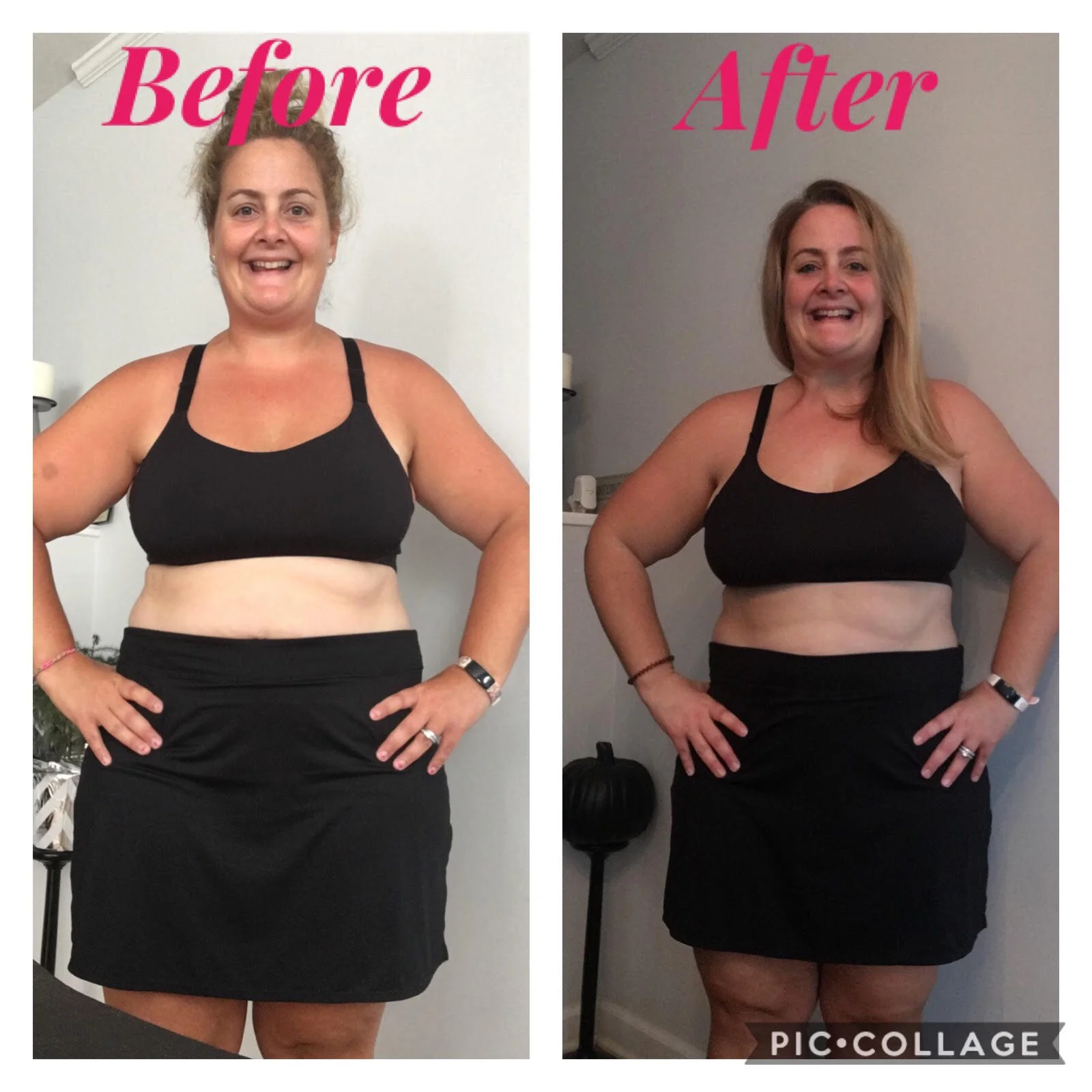 Side-by-side comparison of a woman before and after weight loss, smiling, wearing a black sports bra and black skirt, with pink text overlay 'Before' on the left and 'After' on the right.