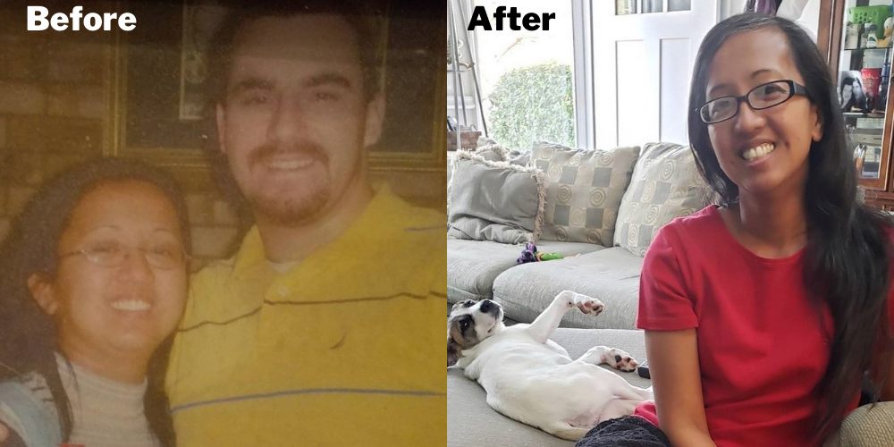 Before and after photos showing a woman smiling with her hair down, wearing glasses and a red shirt, in a living room with her dog. The "before" photo is darker and features a woman and a man smiling, with the woman wearing glasses and a striped shirt, and the man wearing a yellow polo shirt. The "after" photo is brighter, with the woman alone and smiling, sitting on the couch with her dog lying beside her.