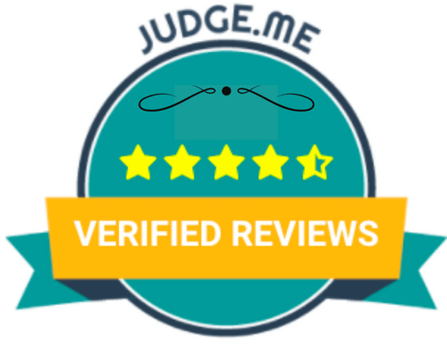 Badge with 'Judge.me Verified Reviews' text, five yellow stars, and teal and orange design elements.