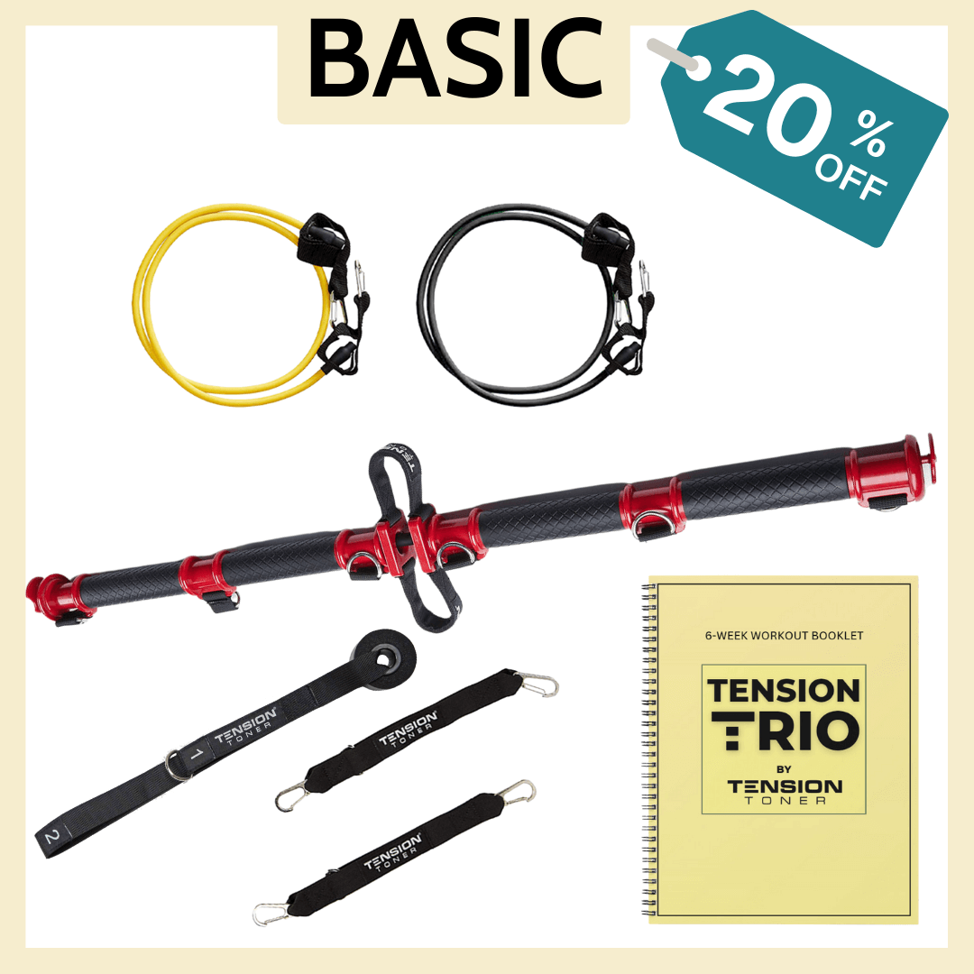 Set of workout equipment including two resistance bands, a red and black pull-up bar, three black ankle straps with metal hooks, and a six-week workout booklet titled 'Tension: Rio' offering 20% off.
