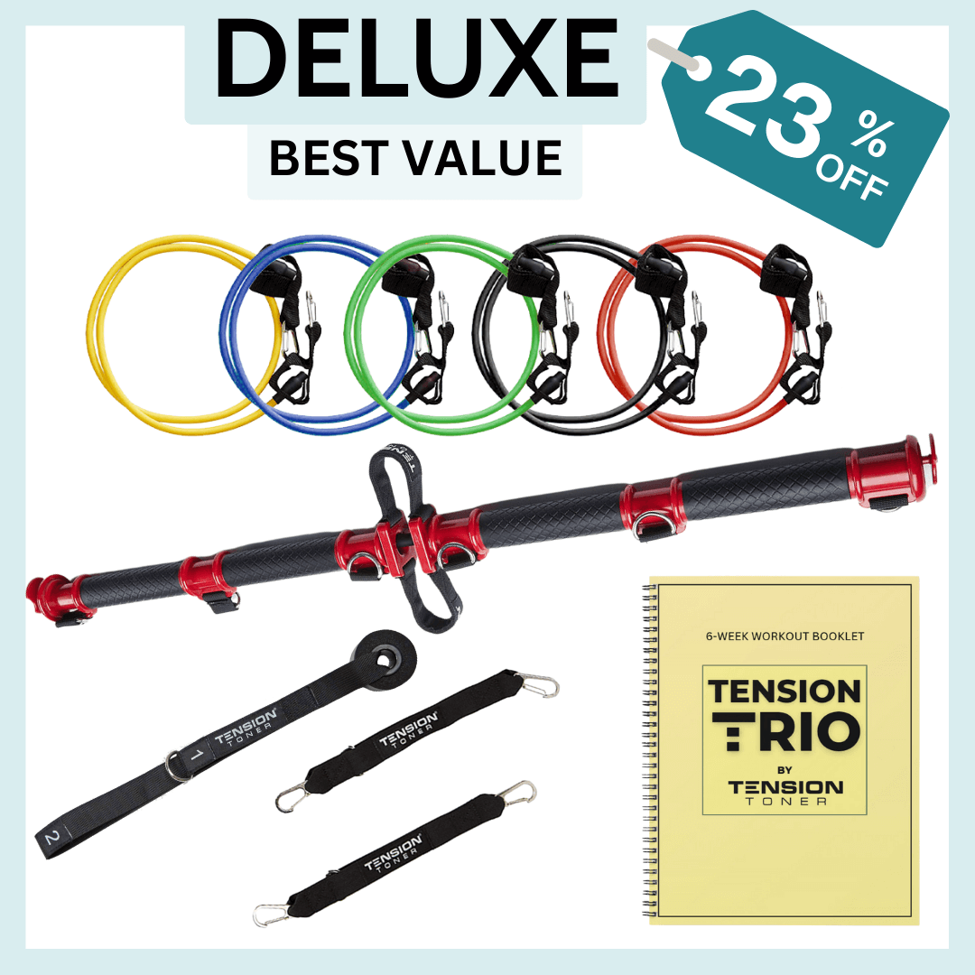 Exercise resistance bands in yellow, blue, green, black, and red, a red and black workout bar, black ankle straps, and a yellow 6-week workout booklet titled 'Tension:RIO by Tension Toner' with a blue tag indicating 23% off.