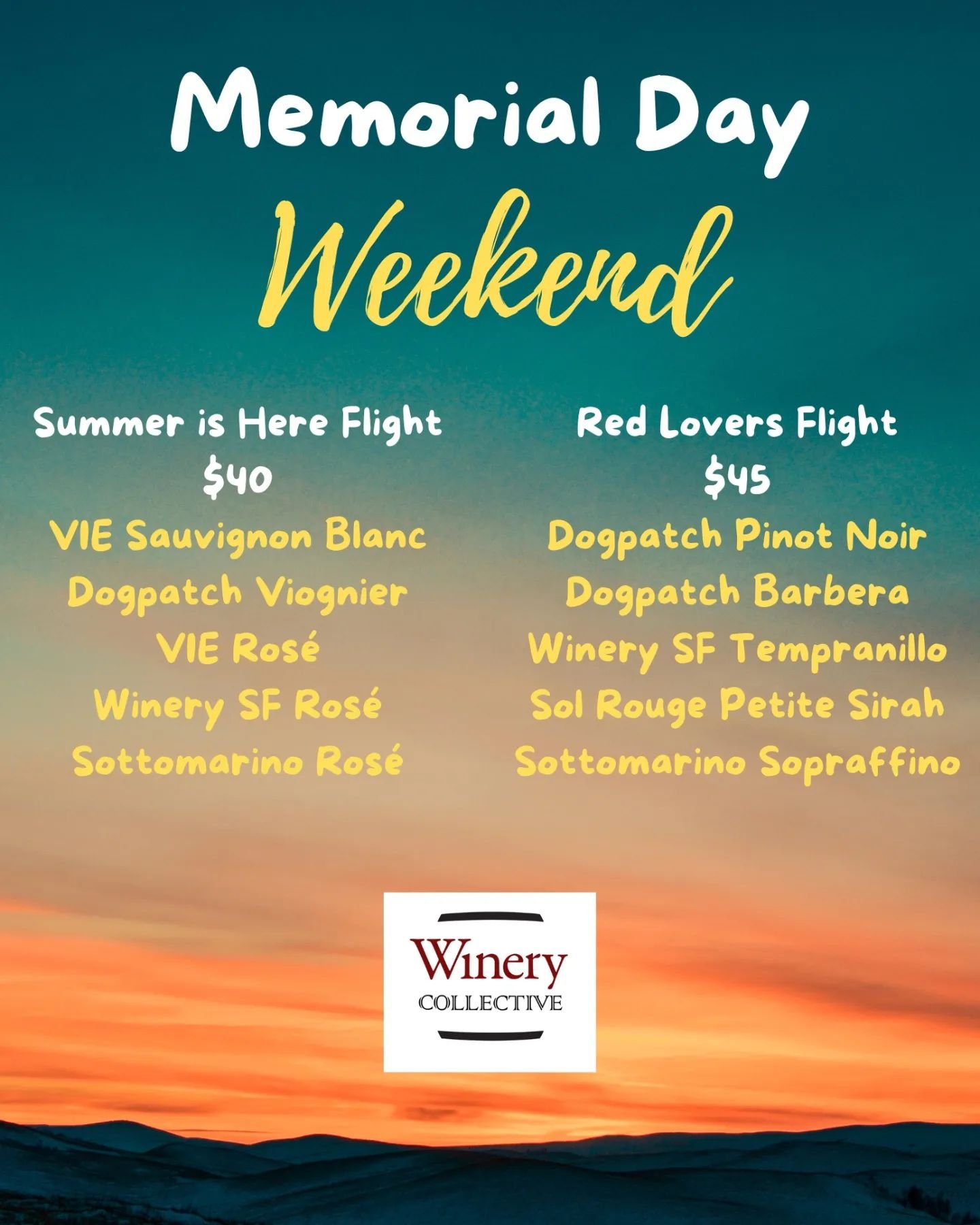 💥Join us on Memorial Weekend for 2 special flights of limited CA wine, in our tasting room at Fisherman's Wharf and celebrate the start of the summer 🍷🌞

#winerycollectivesf
#winetime #winerycollective #fishermanswharf #sanfrancisco #sanfranciscow