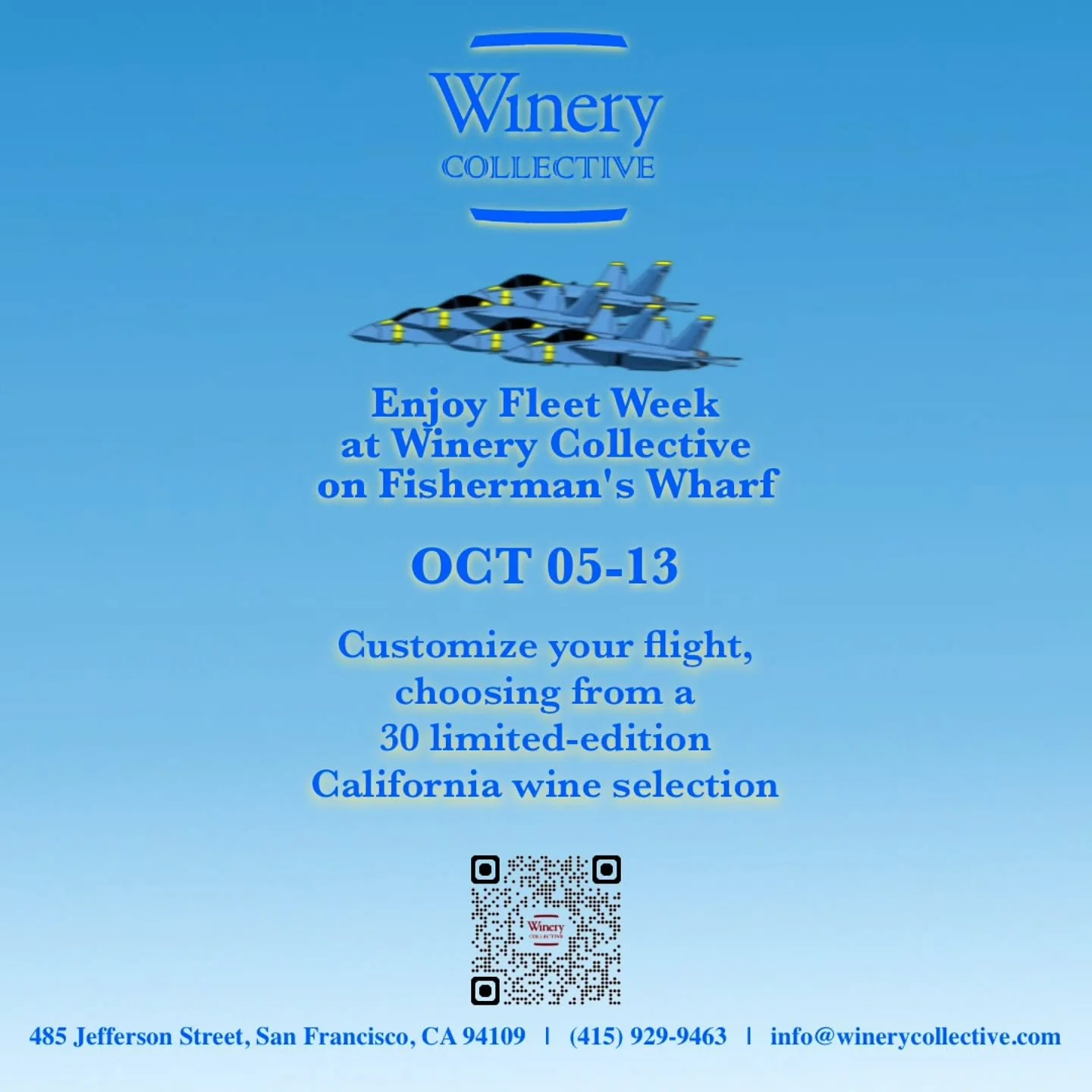 Fleet  Week 10/5 - 10/13 at Winery Collective.
Customize your flight, choosing from a 30 limited CA wine selection.
Cheers 🍷

www.winerycollective.com 

#winerycollectivesf #fishermanswharf #sanfrancisco #winetasting #winetime #winery #winetastingro