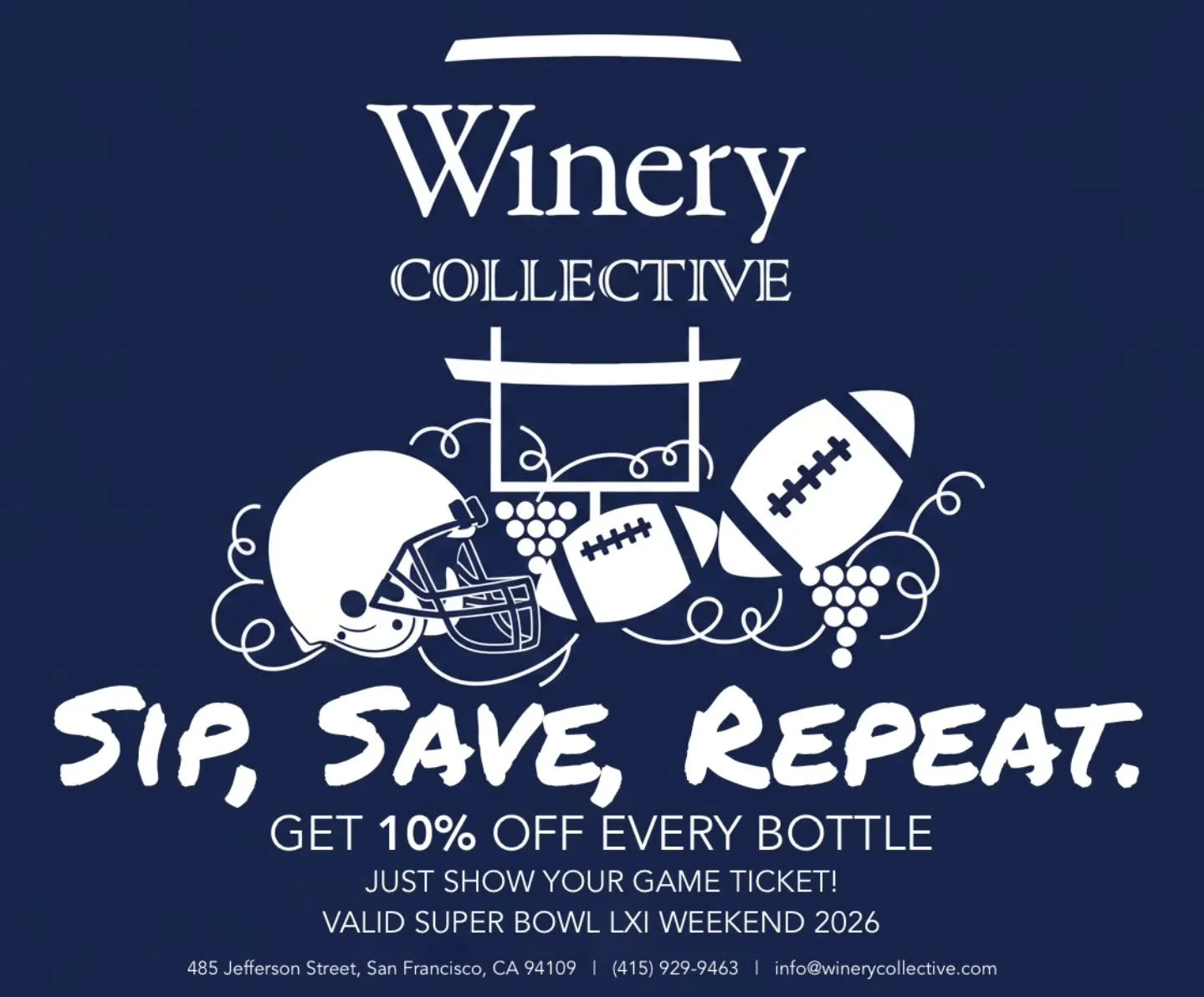 Visit us during the Super Bowl weekend and get a 10% off every bottle by showing us your game ticket. Cheers 

#winerycollectivesf  #superbowl60 #sanfrancisco #fishermanswharf #winetasting