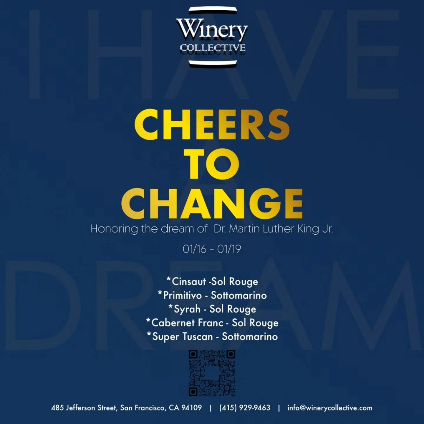 MLK weekend 1/16 - 1/19 at Winery Collective on Fishermans Wharf.
Special red wine flight from limited CA wines!
Cheers 🍷

www.winerycollective.com

#winerycollectivesf #fishermanswharf #winetasting #mlkweekend #sanfrancisco