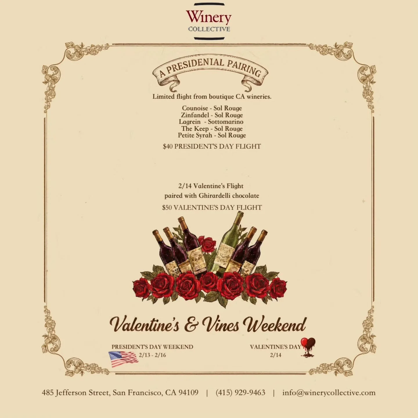 👉President's Day Weekend &amp; Valentines Day at Winery Collective 🍷🍫

Limited red flight from boutique CA wineries from 2/13 - 2/16 and only on Valentines Day 2/14 you can pair the same flight or any other flight of the menu with Ghirardelli choc