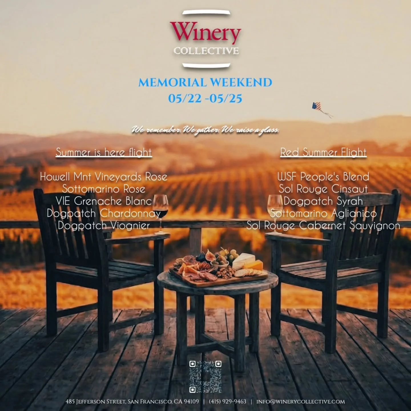 Join us on Memorial Weekend  Friday 5/22 - Monday 5/25. Special and limited wine flights the entire long weekend. Cheers 🍷

www.winerycollective.com

#winerycollectivesf #fishermanswharf #memorialweekend #sanfrancisco #winetasting